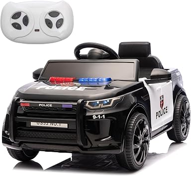 PeakPursuit 12V 4.5Ah Kids Electric Police Car Ride on with Remote Control | Remote Cotrol, LED Flashing Light, Megaphone, Music Play, Battery-Powered Rechargable, for Boys Girls Toys, Black
