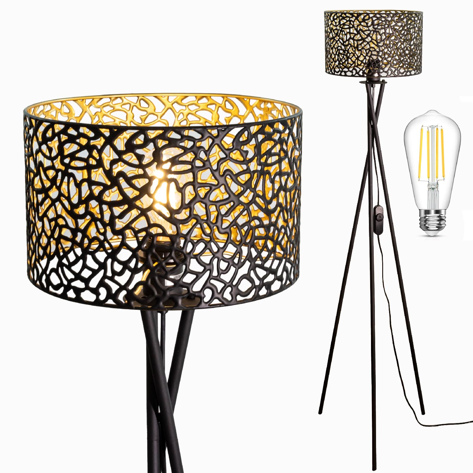 Moderne Stehlampe mit LED-Birne & Schirm, Dreibein-Gestell, Schwarz, E27 Fassung, Dekorative Stehleuchte für Wohnzimmer und Büro Schlafzimmer
