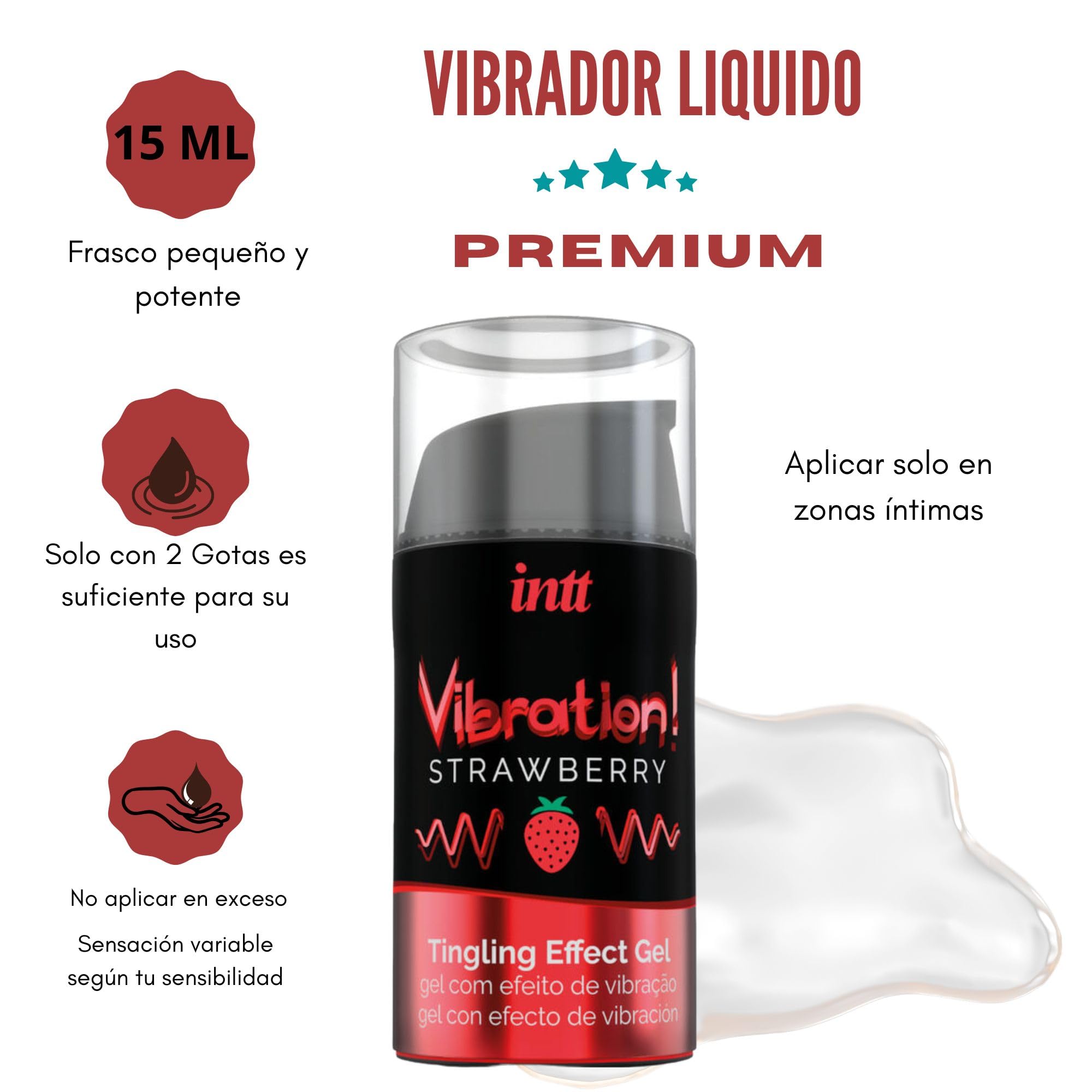Lubricante Gel Vibrador Fresa 15ml – Gel Estimulante Líquido, Aroma y Sabor a Fresa, Besable, Efecto Sensitivo, Fácil Aplicación, Práctico Dosificador