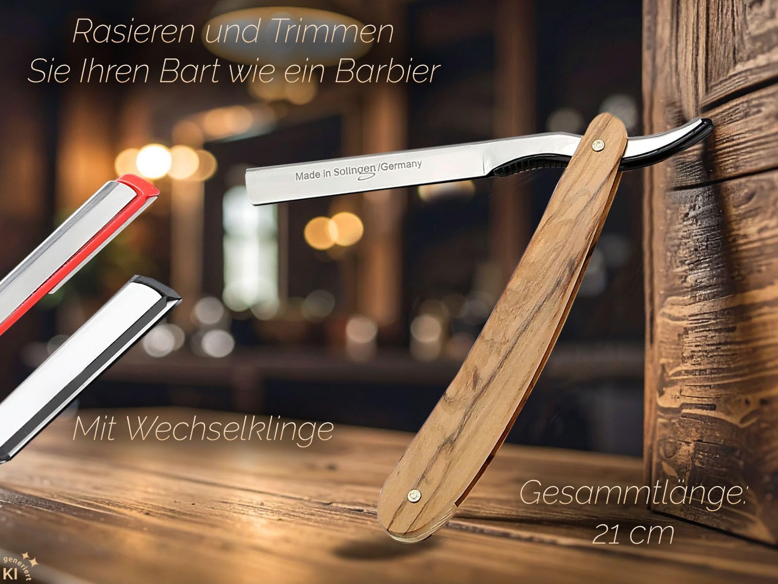 Rasiermesser Wechselklingen aus Solingen Bartmesser Rasier-Set für Herren | Bartmesser aus Olivenholz mit Kleiner/Großer Rasierklinge Made in Germany Messer für eine perfekte Nassrasur