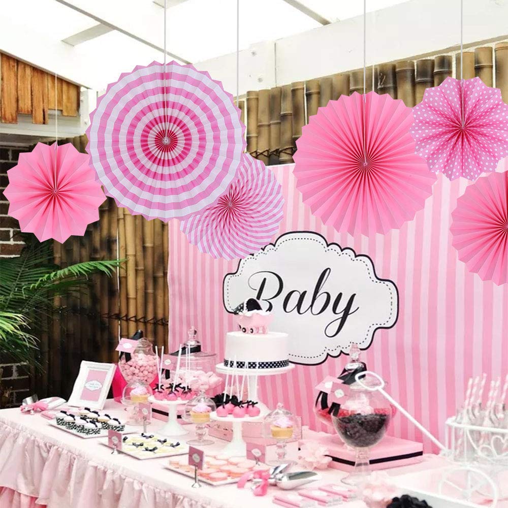 Pink and Silver Paper Fans for Decoration (Pack of 6) for Baby Shower, Photo Booth, Backdrop, Birthday Party Decorations