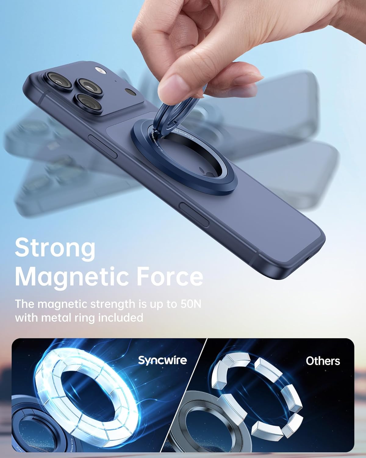 SYNCWIRE for MagSafe Ring Phone Holder, 360° Rotation Magnetic Cell Phone Grip Dual-Sided Magnets Phone Ring Kickstand Compatible with iPhone 17 16 15 14 13 12 Pro Max MagSafe, Android, Samsung etc.