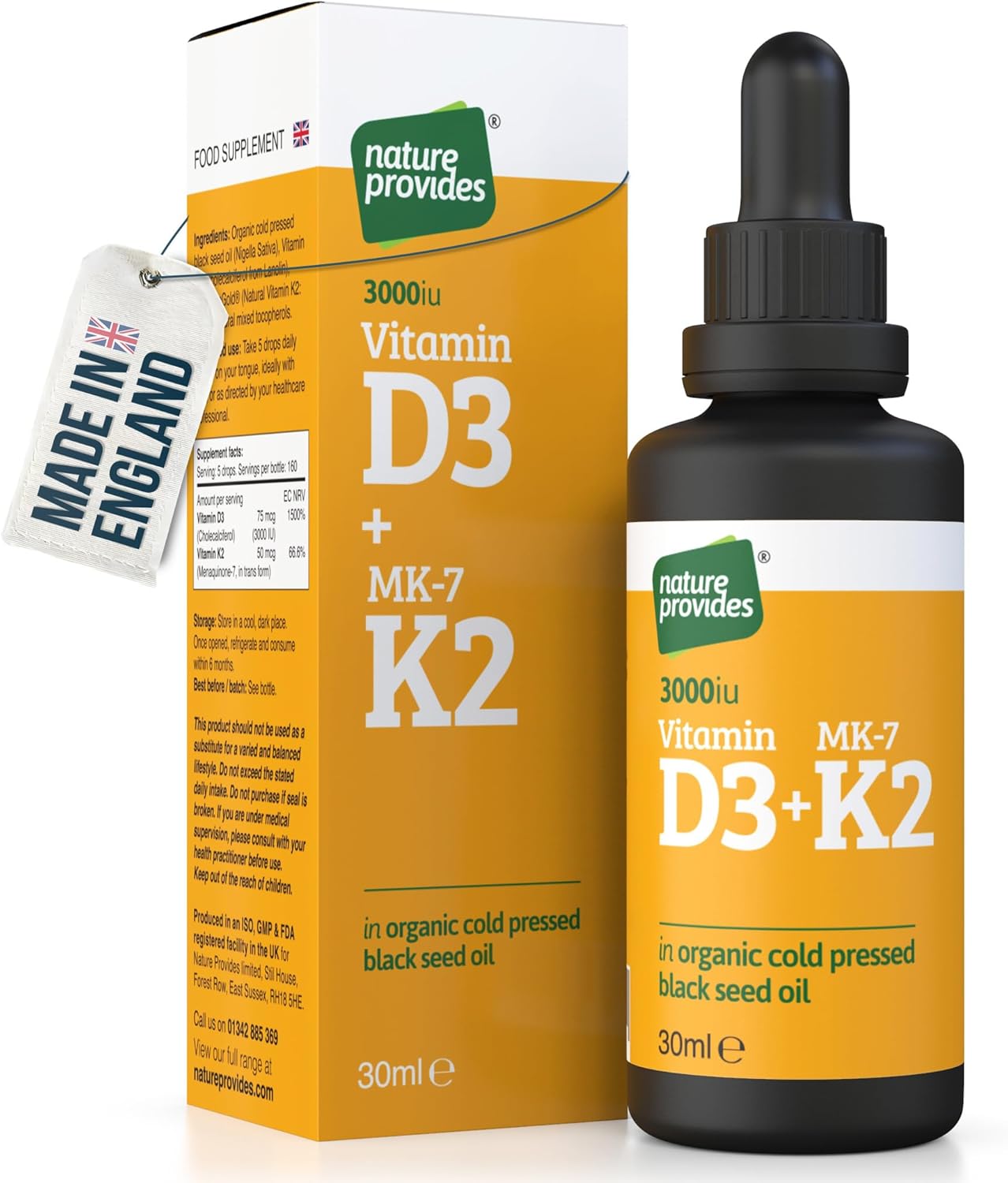 Vitamin D3 & K2 (MK-7) in Organic Black Seed Oil/Nigella Sativa (30ml) – High Strength Liquid (3000IU), 100% Trans MK-7, Immune, Bone Support, Heart Health, Sublingual, Made in UK by Nature Provides