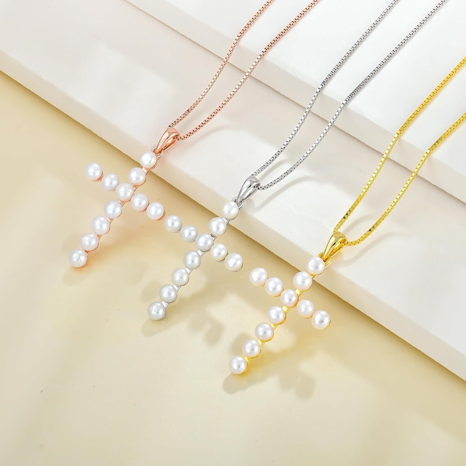 YL Cross Necklace 925 Sterling Silver Halo Freshwater Pearls Pendant Polished Religious Jewelry for Women - Image 5