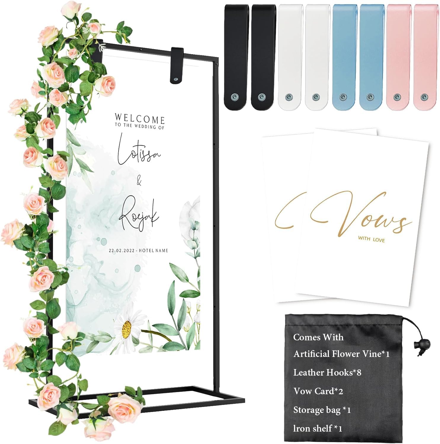 Wedding Welcome Sign Stand, 57x31x15"Easel Stand for Sign with Leather Straps, Flower Vine, Vow Card, Welcome to Our Wedding Sign Stand Holder, Heavy Duty Floor Stand Easel for Wedding Birthday Party Black