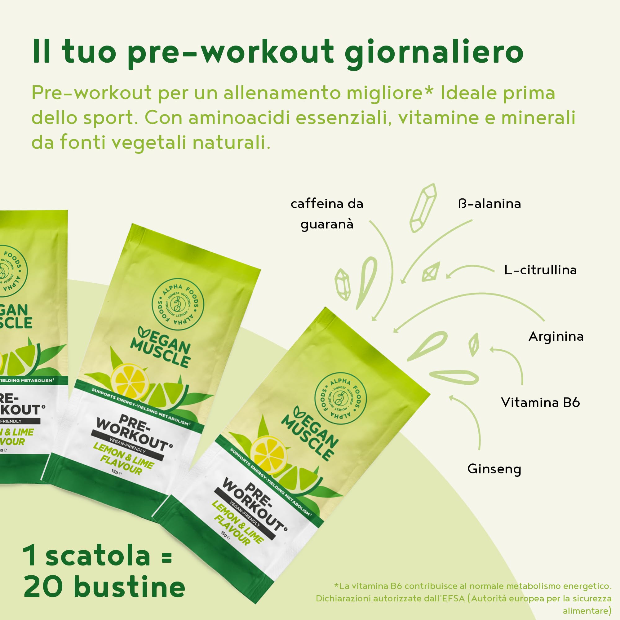 Vegan Muscle® | Pre Workout Performance Booster | Integratore preworkout energetico Vegano con L- Citrullina, Arginina e Creatina | Gusto Limone e Lime | 300 g proteine in polvere | Alpha Foods