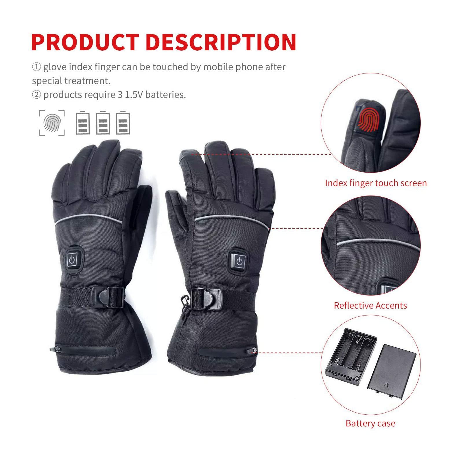 Guantes Calefactables para Hombres Y Mujeres, 3 Niveles de Calefacción, Guantes Eléctricos con Pantalla Táctil, Guantes Térmicos Unisex Impermeables con Pilas para Pesca Al Aire Libre,(M)