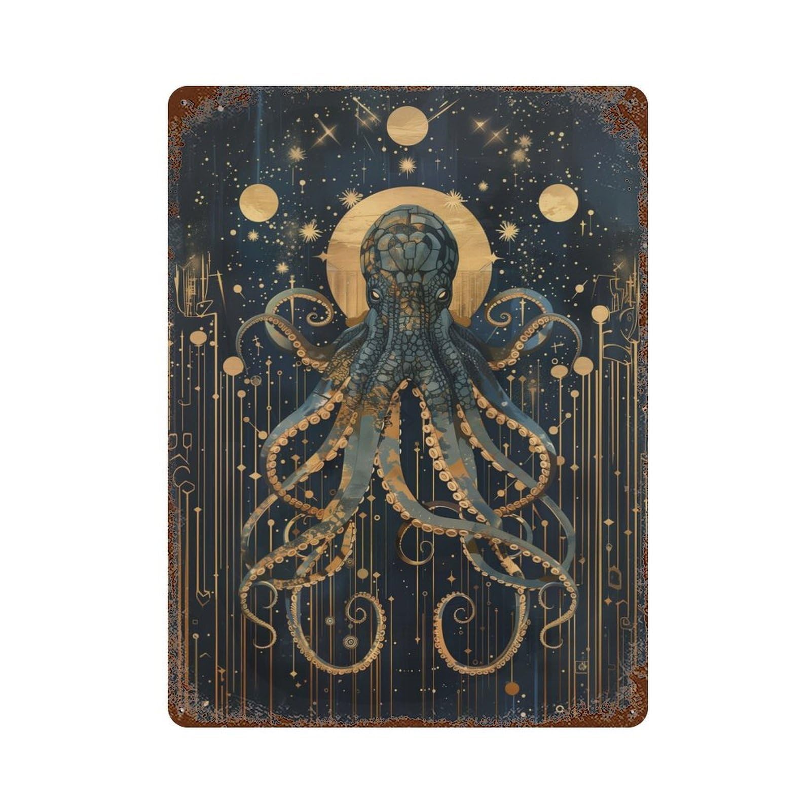 Vintage Rust Metal Sign Geometric Kraken Octopus 15.7"x11.8", Shabby Chic Decor for Cafe, Home Bar And Lounge Decor