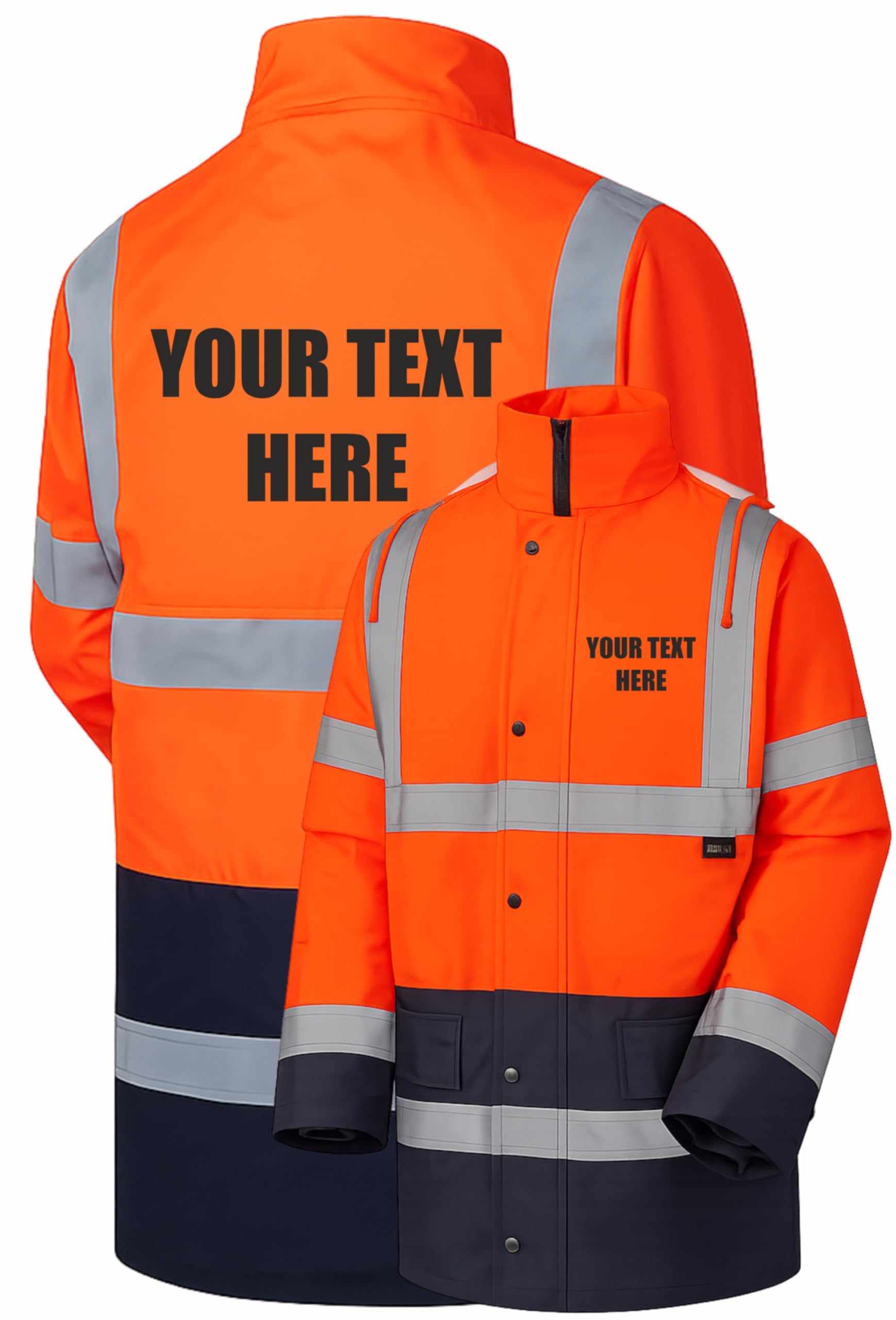Personalised Custom Printed Orange & Navy Hi Vis Parka Jacket Reflective, Waterproof, Conforms to EN20471 Class 3, High Visibility, By Brook Hi Vis, XLarge