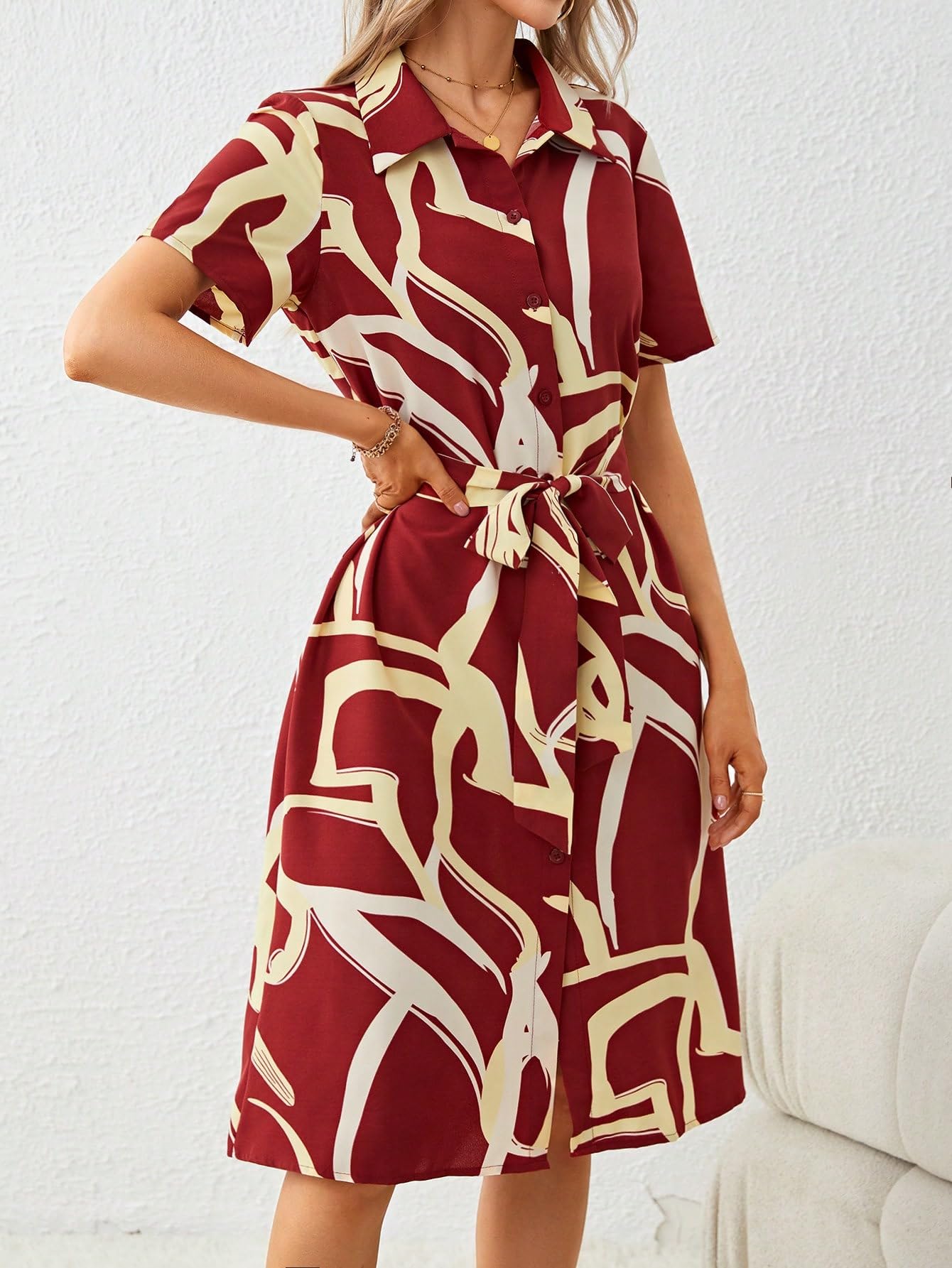 Shasmi Women's & Girl's Dress For Women L One Piece Dress For Women L Beach Dress For Women, Solid Printed Tie Front Collared V Neck Midi Dress (Dress 116 Maroon-2Xl)