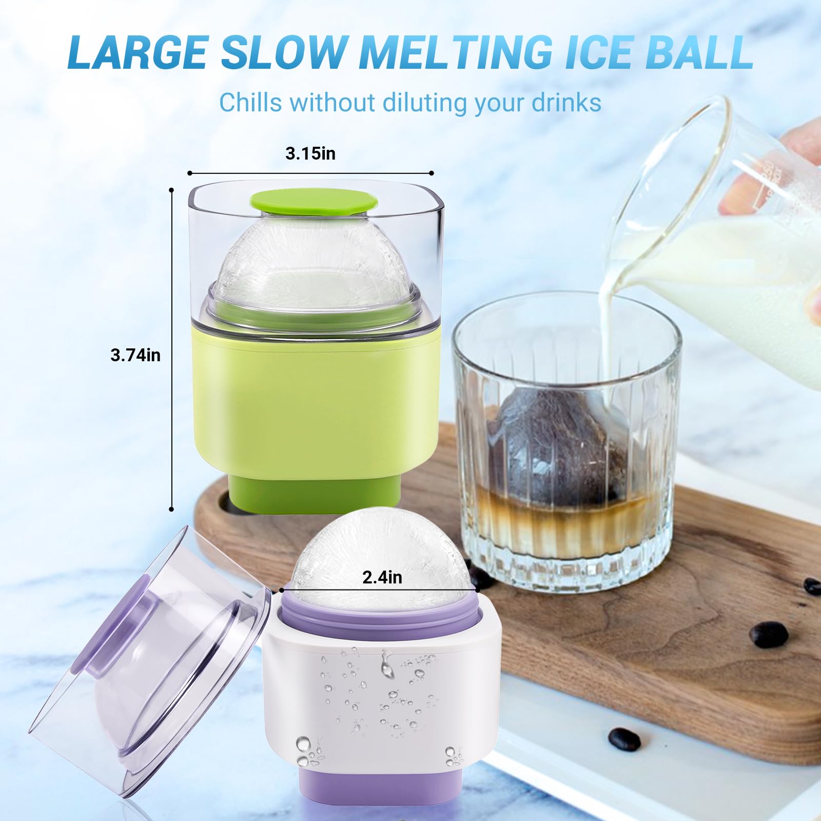 Moldes grandes para cubitos de hielo, paquete de 2 moldes redondos para cubitos de hielo de whisky con tapa, moldes para hacer bolas de hielo de fácil liberación para hacer cubitos de hielo