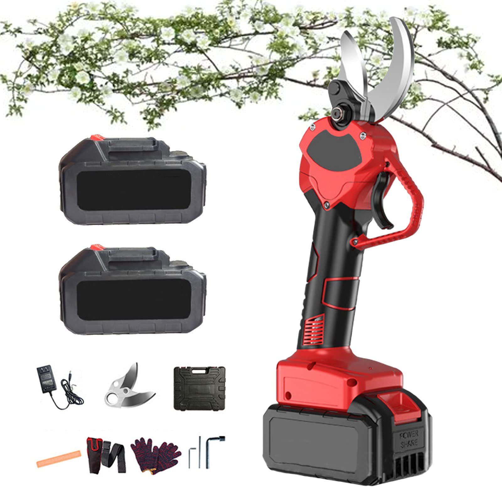 Forbici Potatura Elettriche Professionale da 20mm, Potenziatore per Rami D'albero, con 2 Batterie al Litio e 2 Lame di Ricambio, Forbici Potatura per Potatura Giardinaggio Ulivi Albero da Frutta