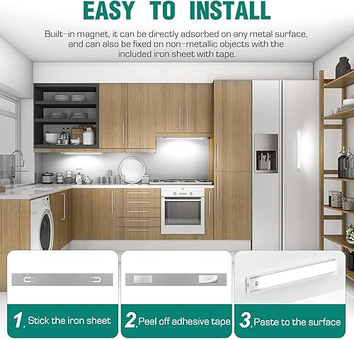 Miniatura 5 de Paquete de 3 luces LED para debajo del gabinete, 52 luces LED de color blanco frío recargables debajo del gabinete, luces LED con sensor de