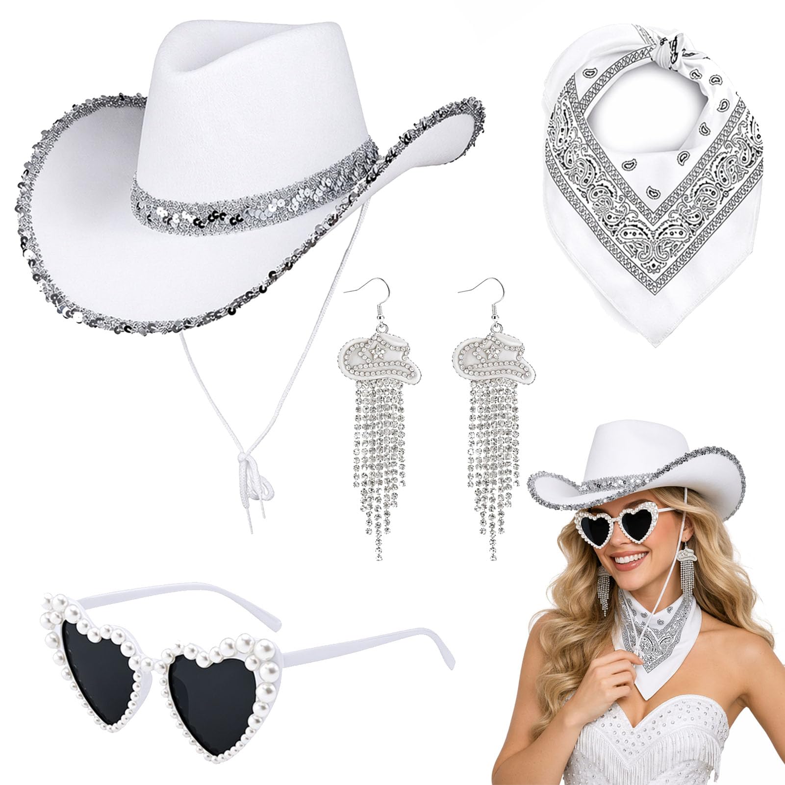 JRZYTX Western Cowboy Hat Set for Women, Sequin Texan Cowboy Hat Bandana Earring Heart Sunglasses Cowgirl Costume Accessory for Hen Night Western Fancy Dress Party (WHITE)