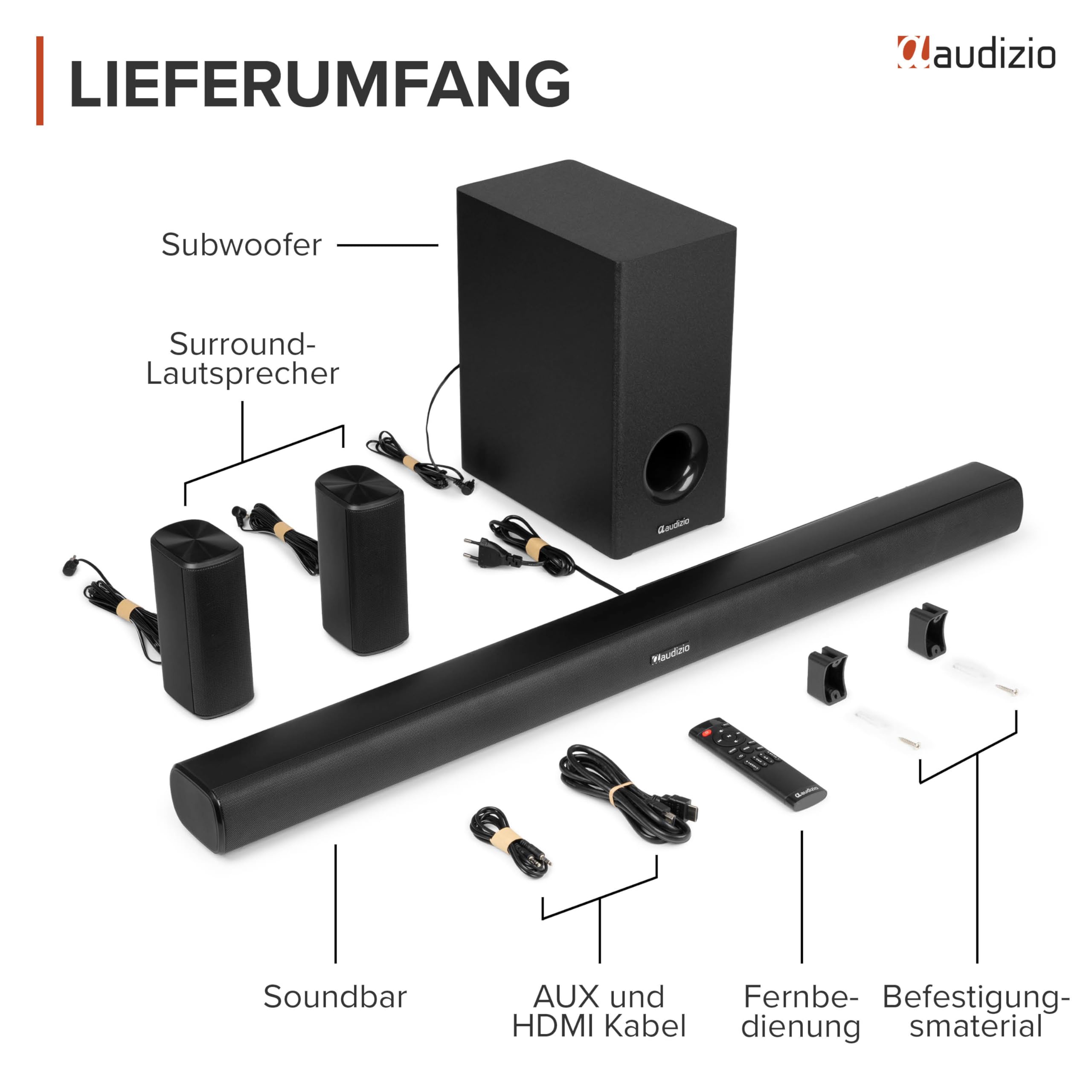 Audizio SB100 5.1 Soundsystem - TV Soundbar mit Subwoofer, 180 Watt, Bluetooth 5.3, Heimkino Soundsystem mit 2 Surround Lautsprecher, HDMI ARC, Optisch, 97cm Soundbar für TV Geräte, Fernbedienung