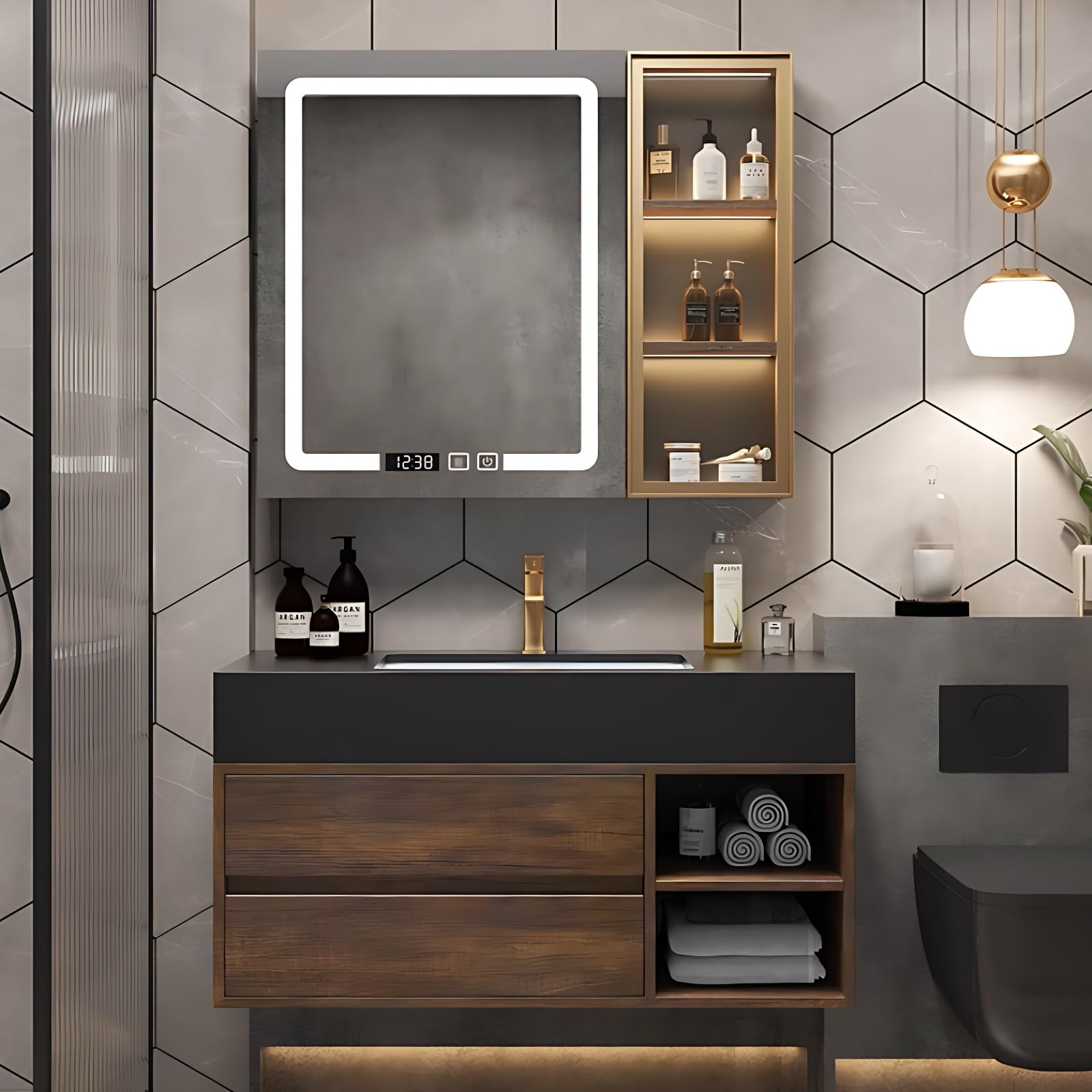 Luxury Bathroom Vanity with Sink - Smart LED Defog Mirror & Induction Lights & Glass Door | 2 Drawers ＆ 4 Open Shelf, Solid Wood Wall Mounted Bathroom Cabinet (32'')