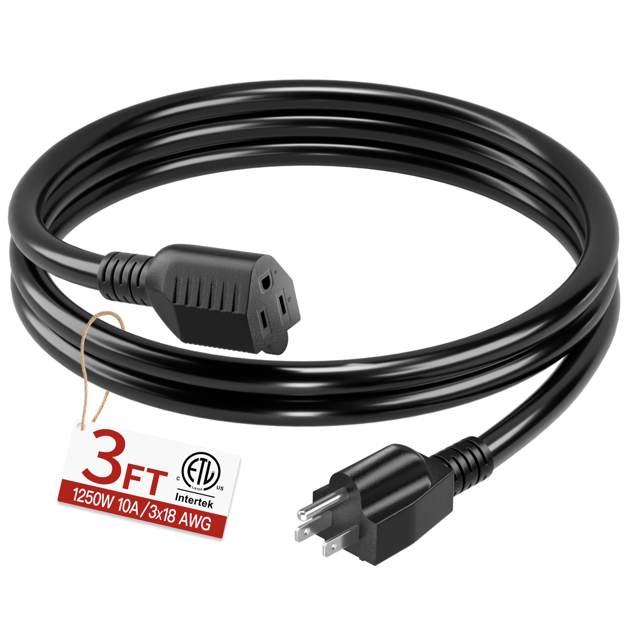 Skrizcable 18/3 3 FT Indoor Extension Cord Flexible, Black Power Cord