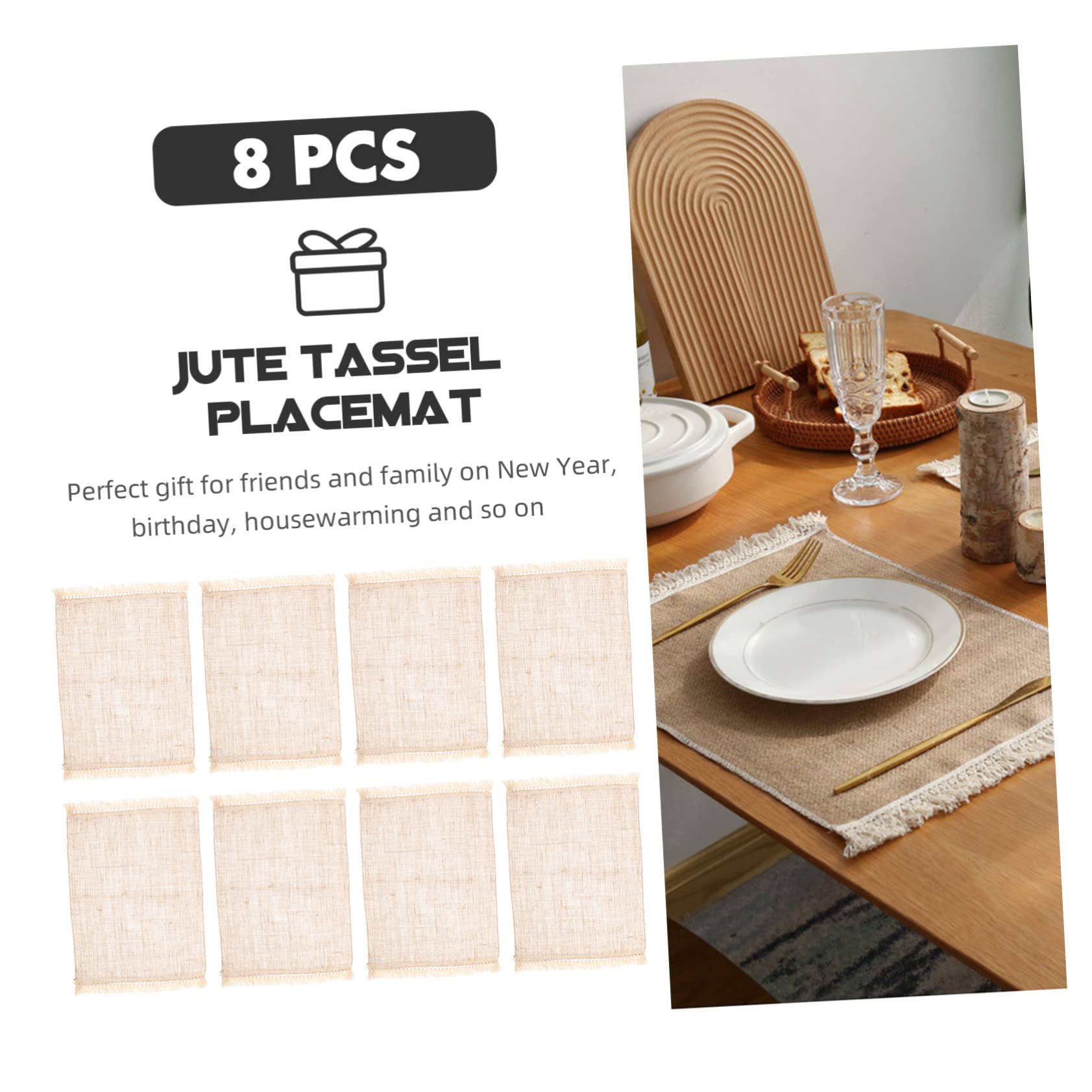 Set de Table en Jute à Franges, 8 Pièces, Coton et Lin, Style Rustique, Pratique pour Maison, Présent de Pendaison de Crémaillère