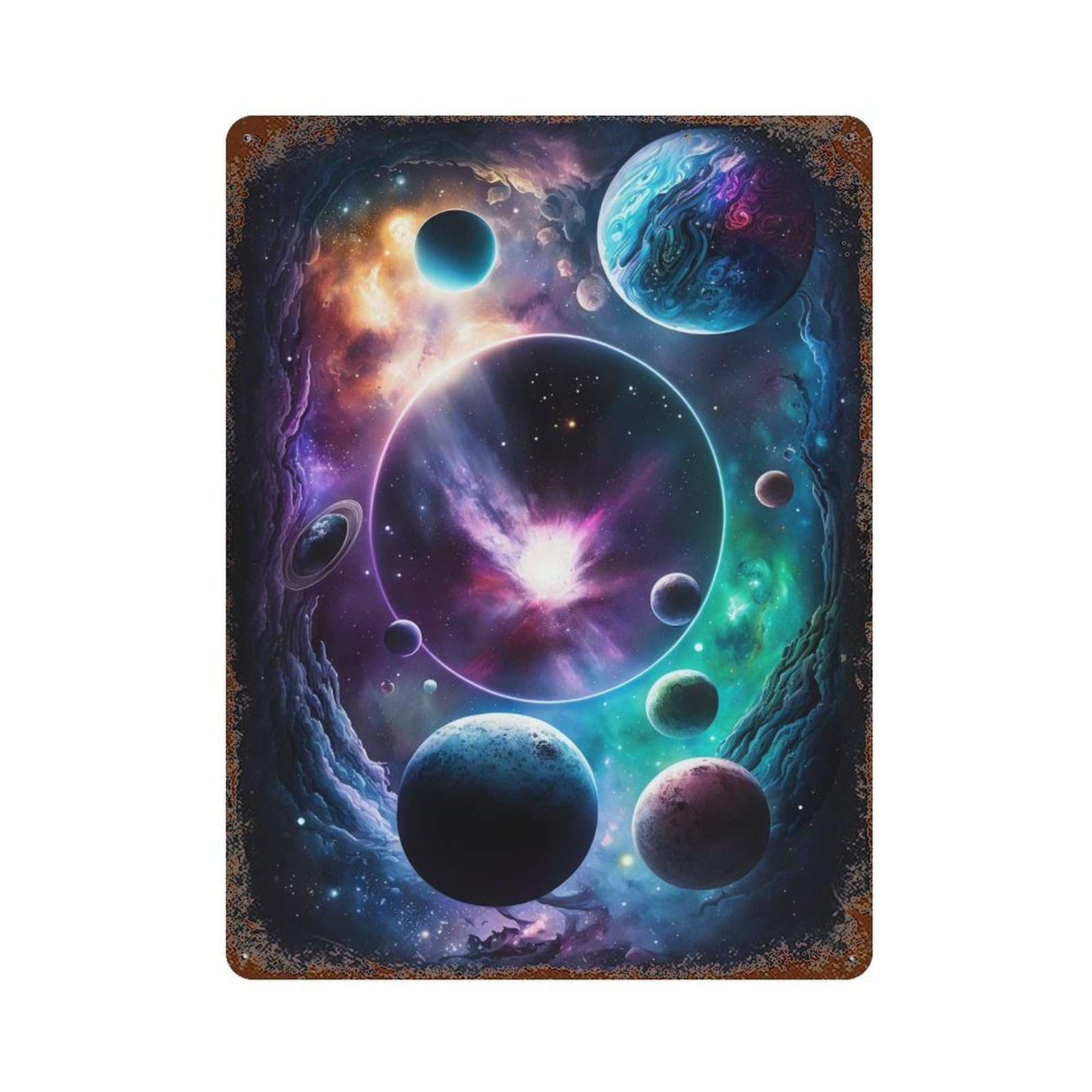 Cosmic Planets Artwork Weathered Tin Sign 15.7"x11.8", Rustic Home Decor for Office, Studio And Wall Decor