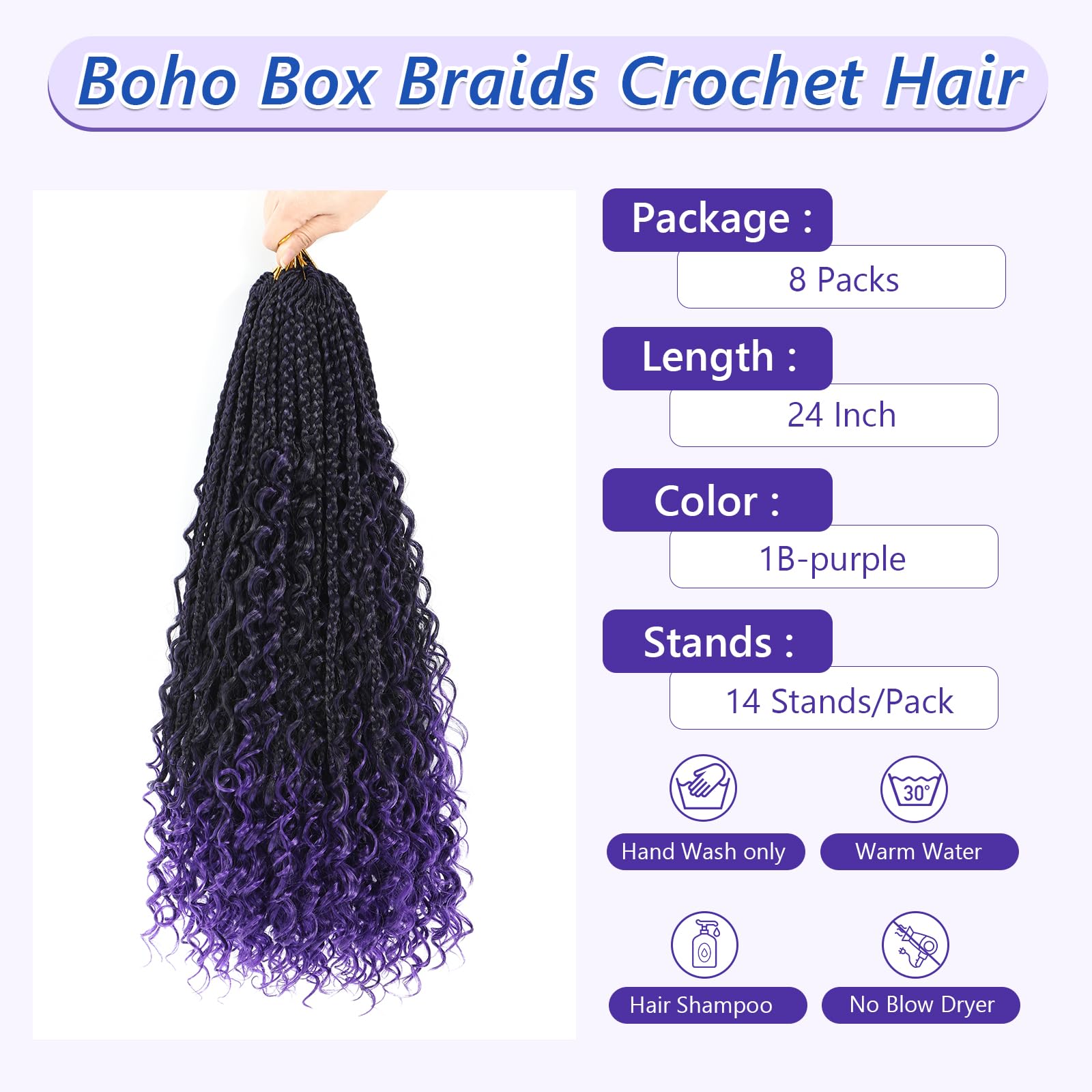 Crochet Braids Hair Extensions for Black Women 8 Packs 24 Inch Pre-Looped Crochet Hair Extensions Boho Braid with Curly Ends Goddess Braids Extensions Hair(1B/Purple#) - Image 3
