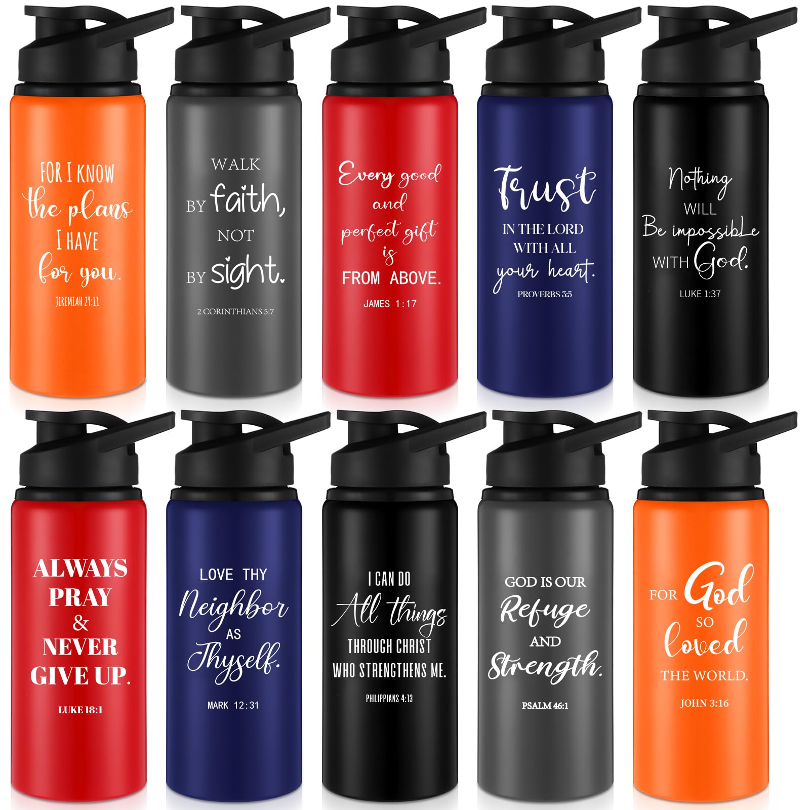Skybooly 10 Pcs Christian Aluminum Water Bottles, 5 Colors, English