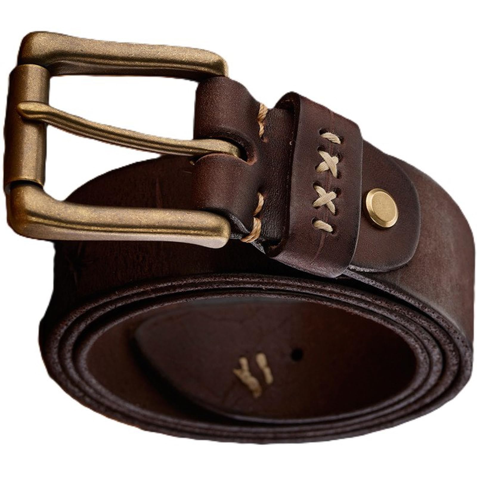 AGUTALITHIC Mens Distressed Durable Belt,Full Grain Leather Scratches Strap with Heavy Duty Vintage Solid Brass Roller Buckle(120cm/47, Coffee)