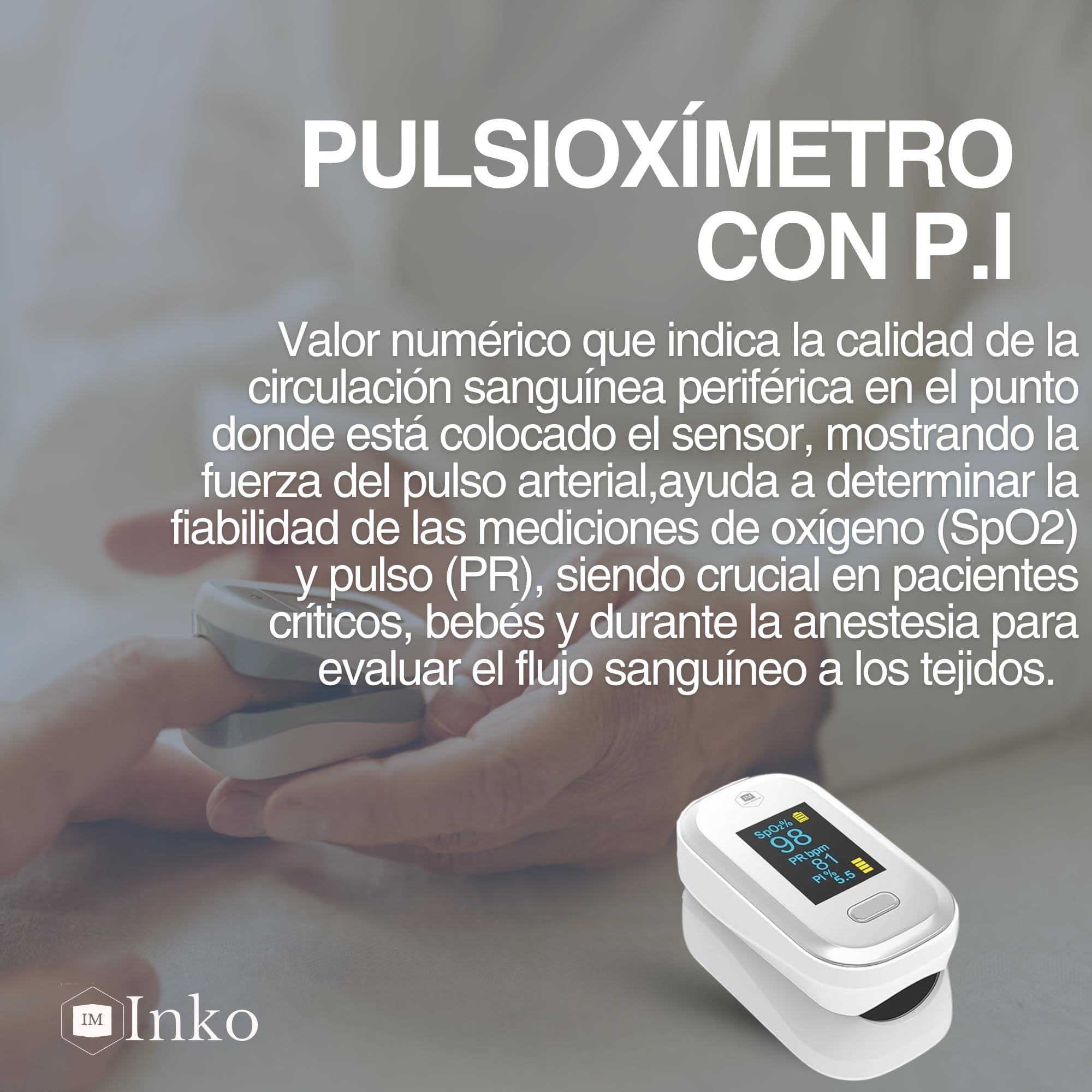 Pulsioxímetro de dedo Inko Medical con Indice de Perfusión, Lectura más Exacta, Oxímetro Dedo Profesional
