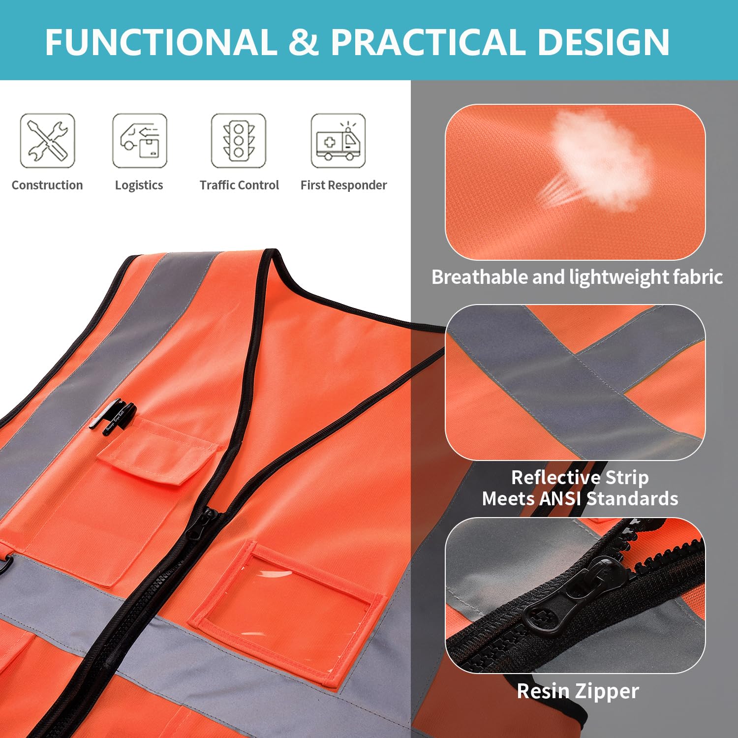 YUANVEST Hi Vis Vests for Men Women 5 Pockets,High Visibility Reflective Safety Security Vest,2-inch Reflective Strip High Visibility Vest,Meets ANSI/ISEA Standards (Orange-Cloth - Image 4