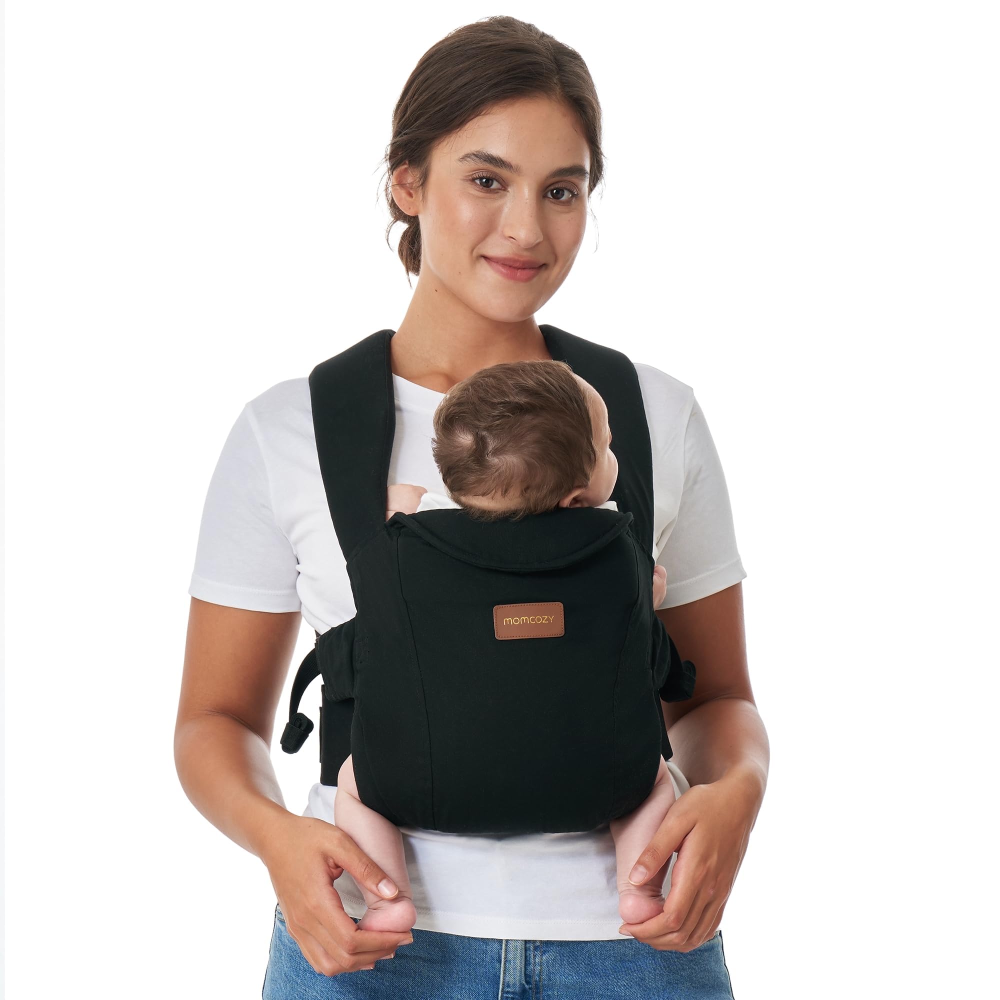 Momcozy Marsupio Porta Bebè per Neonati, Seduta Regolabile con Scala sulla Cintura, Supporto Collo, Chiusura con Anello di Sicurezza, 3,2–11 kg, Nero