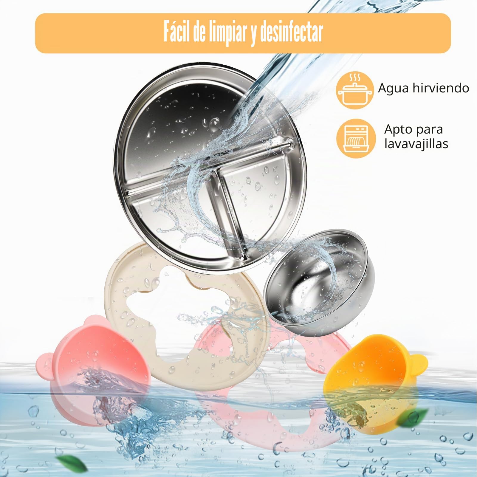CLDY - Juego de 4 platos y cuencos de acero inoxidable para bebés - Con base de placa de succión 100% de silicona, juego de cena con platos de destete para niños pequeños - Platos divisores irrompible