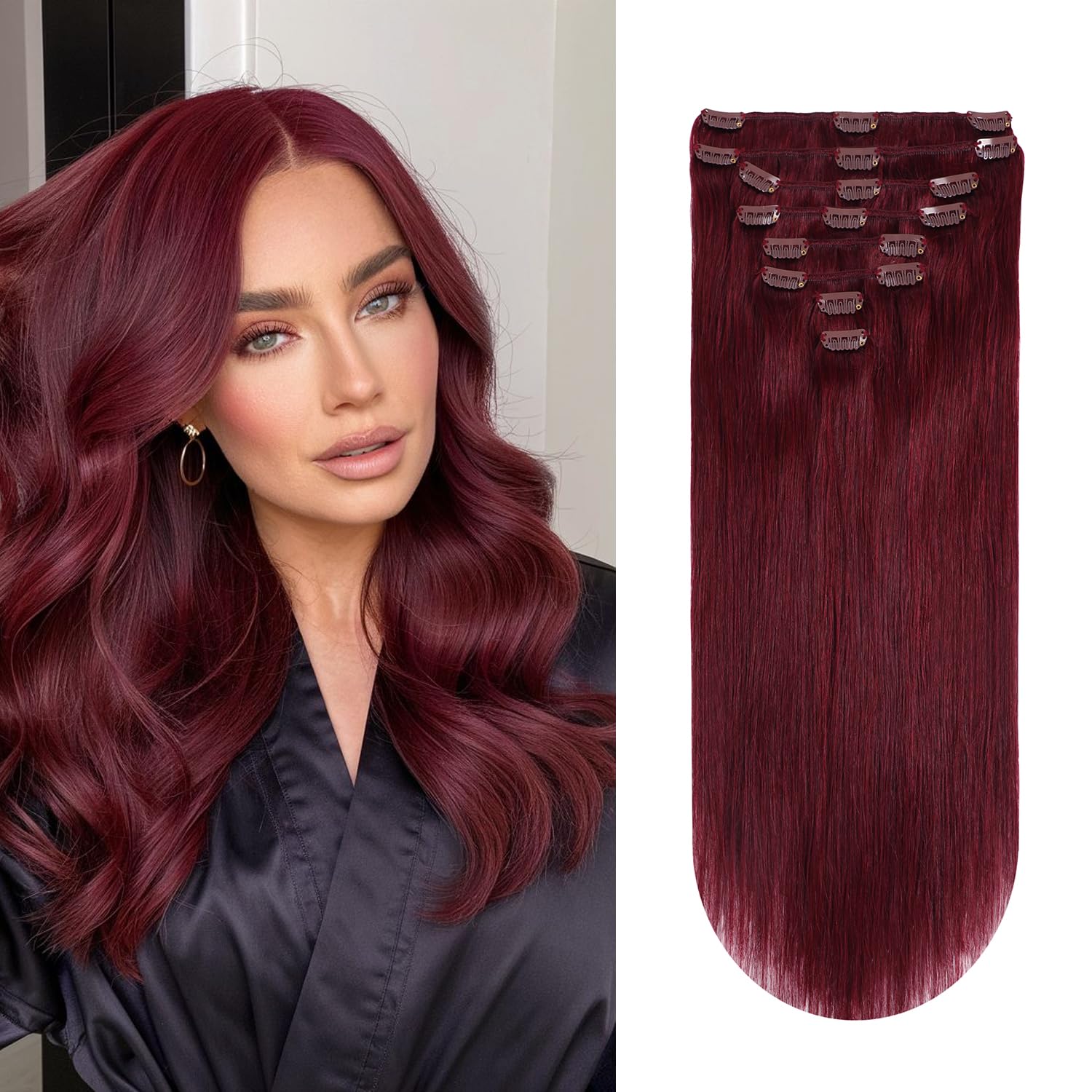 YILITE Clip in Extensions Real Human Hair 16 Inch Human Hair Clip in Extensions Burgundy Double Weft Invisible Silky Straight Weft Red Wine #99j 120g 8pcs