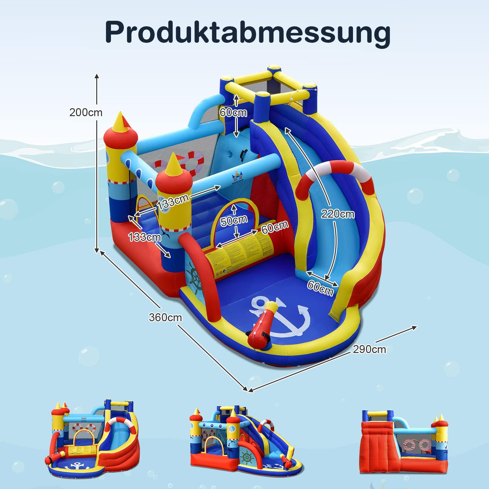 COSTWAY Aufblasbare Hüpfburg, 6-in-1 Wasserpark mit Rutsche, Planschbecken & Wasserkanone, Outdoor Bouncer Hüpfschloss Springburg für Kinder, Garten, 360 x 290 x 200 cm