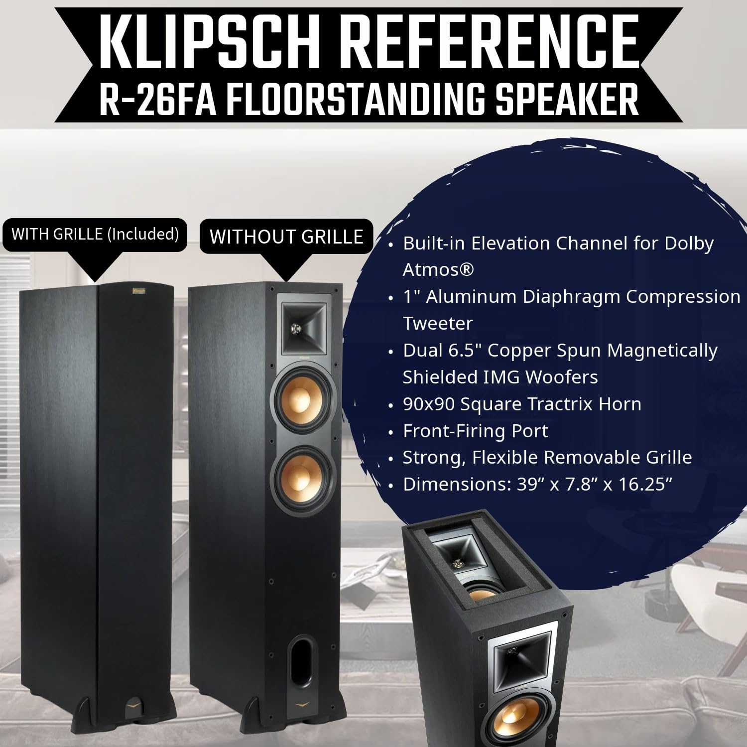Klipsch Reference R-26FA Dolby Atmos Floorstanding Speaker (Pair) + R-12SW 12″ Subwoofer – Premium Home Theater Tower & Deep Bass Sub Bundle