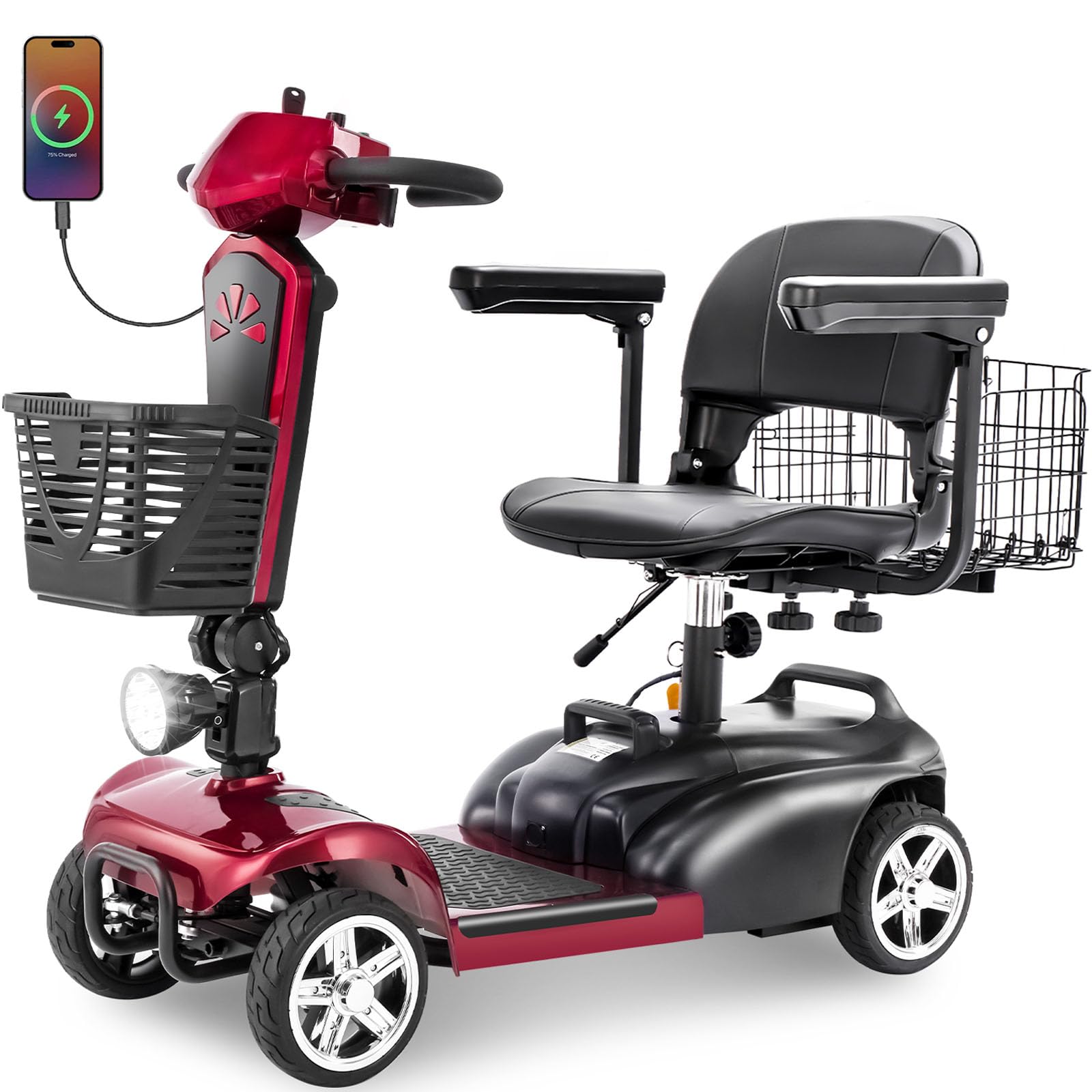 15/25/30/50Miles Eldryvon 4 Wheels Electric Mobility Scooter for Seniors, Dual Basket, 350W Powered Wheelchair with Rotating Seat, Foldable Motorized Scooter for Adult with USB Port, 300Lbs Capacity