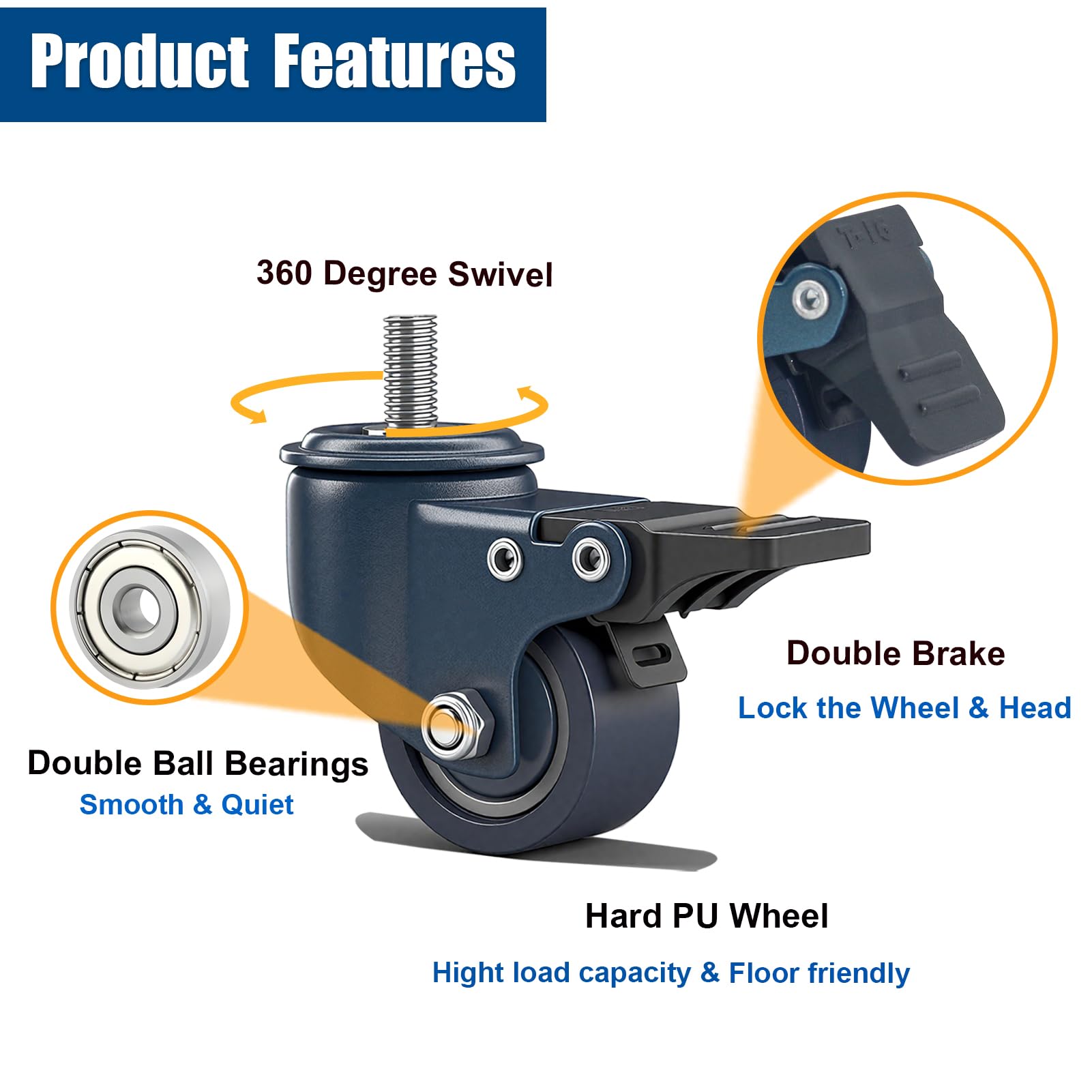 Industrial Stem Casters - M8 Locking Brake Wheels -4 Industrial Stem Casters - M8 Locking Brake Wheels -4