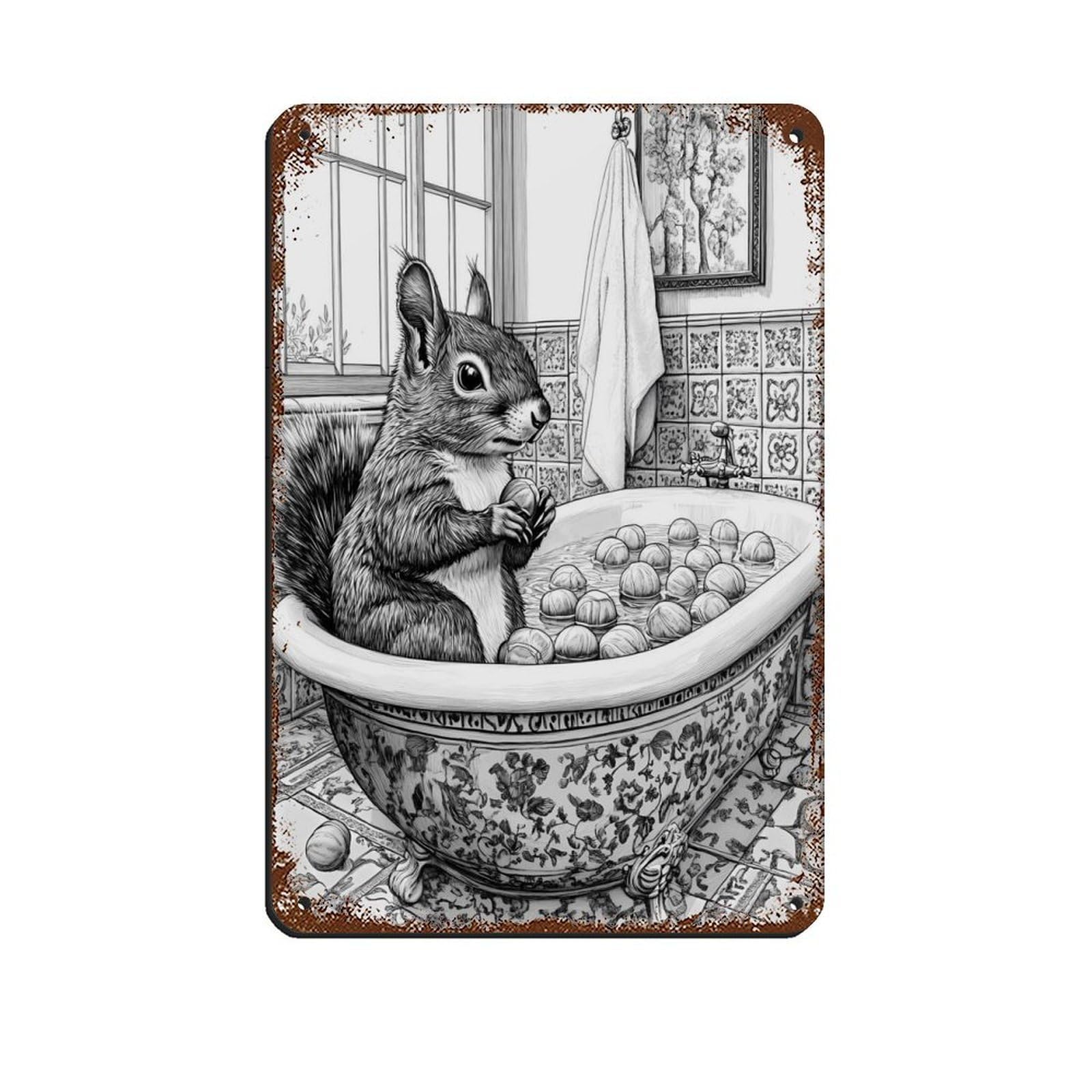 Squirrel in Bathtub, Quirky Home Decor Tin Sign Vintage Metal Pub Club Cafe Bar Home Wall Art Decoration Poster Retro 8x12inch(20x30cm)