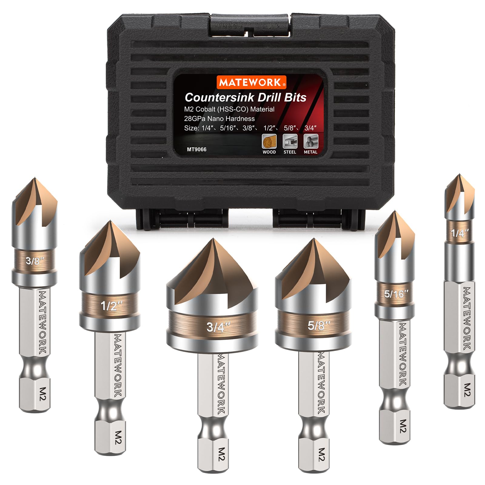 Countersink Drill Bit Set, M2 Cobalt HSS Countersink Drill Bits 6 Pieces 1/4 Inch Quick Change Hex Shank for Metal, Wood, Stainless Steel, Carbon