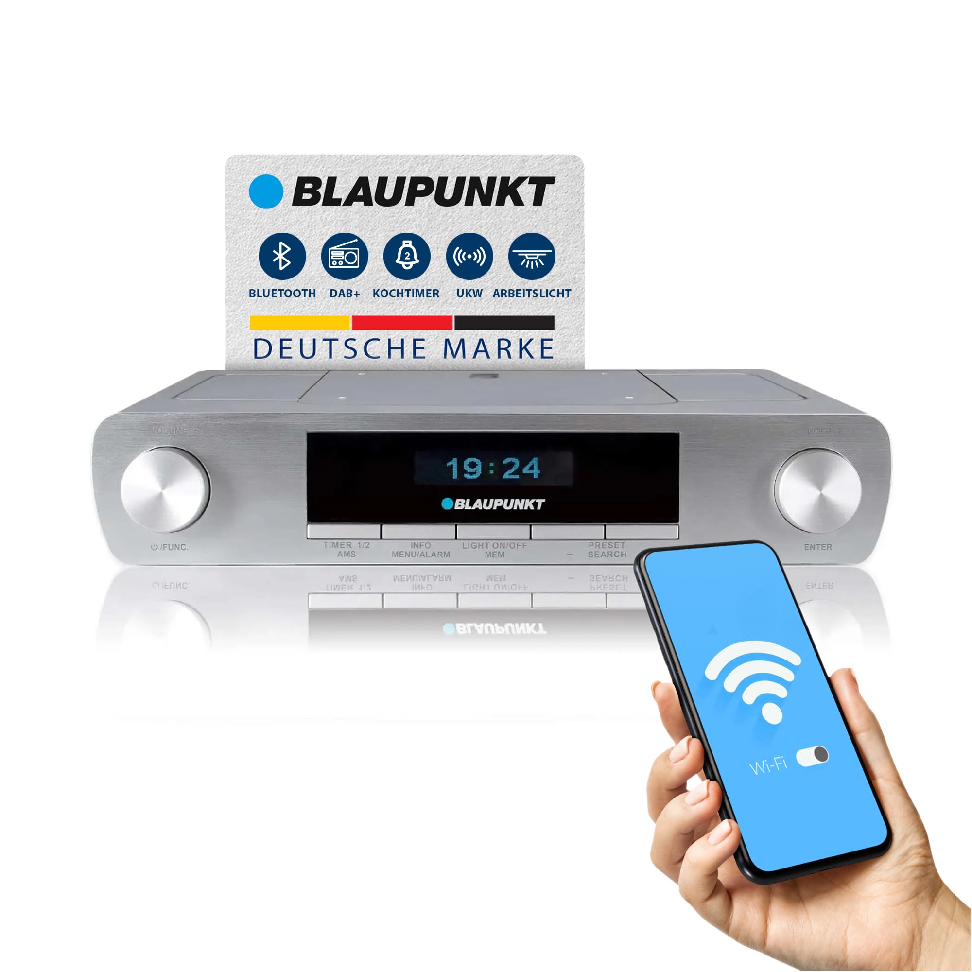 Blaupunkt KRD 30, Bluetooth Küchenradio mit DAB+, UKW PLL, Multidisplay, Senderspeicher, Unterbau Digitalradio mit Uhr, LED Licht, 2 Back Timer, Werkstatt Unterschrank Radio, Silber