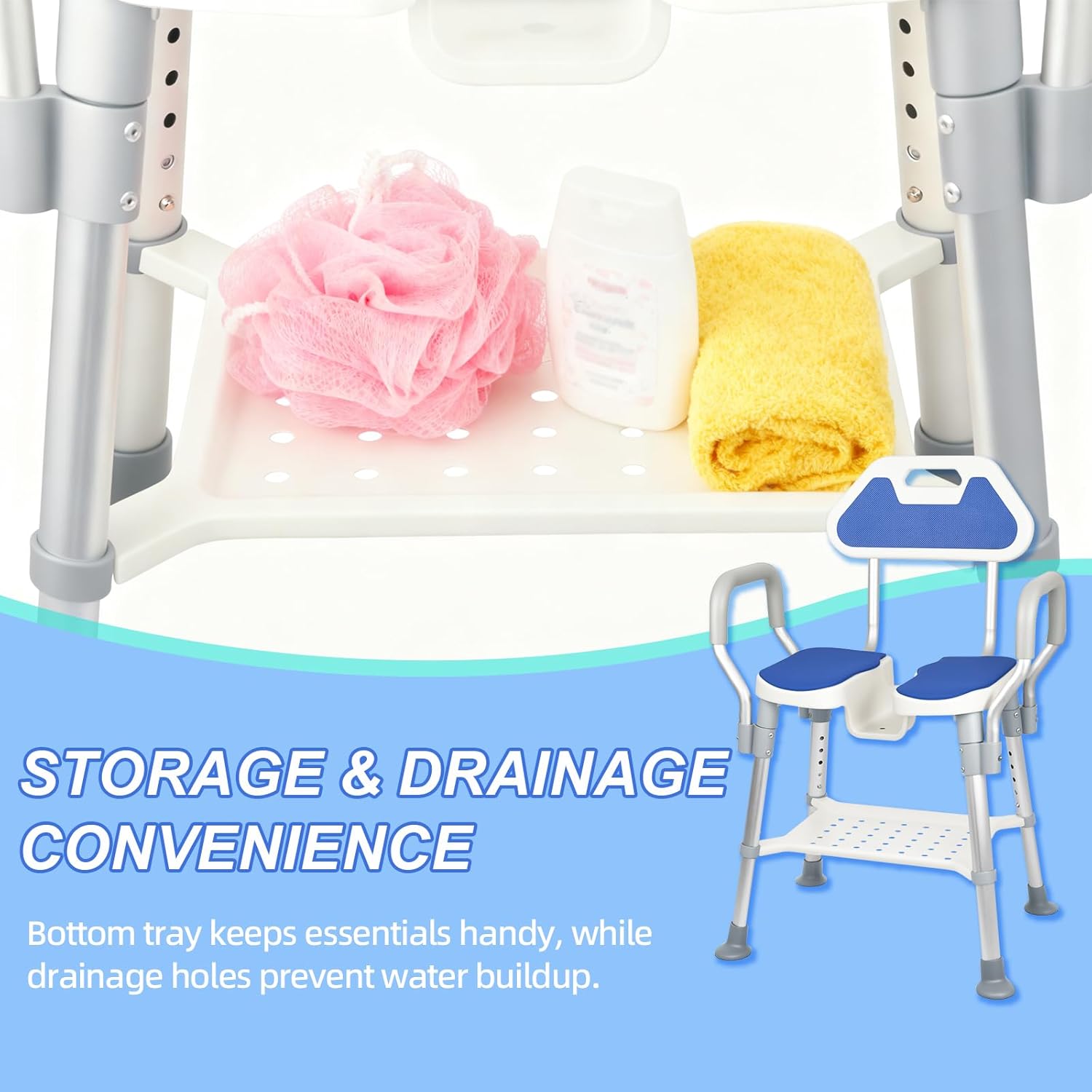 Shower Chair for Inside Shower, U-Shaped Heavy Duty Shower Chair for Elderly and Disabled, Bottom Storage Tray, 300Lbs Shower Stool with Arms and Back, Height Adjustable Seat for Bathtub
