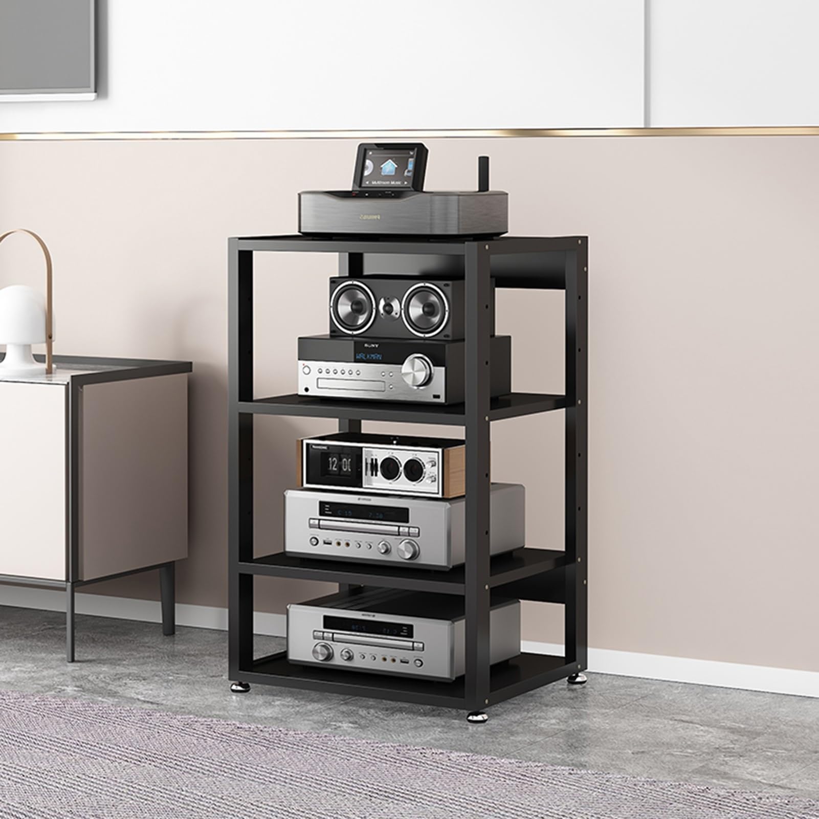 Wielofunkcyjny 4-poziomowy stojak na media AV, stylowy drewniany stojak audio, stojąca, narożna szafka pod telewizor do odtwarzacza CD i stereo, otwarta półka do przechowywania (kolor: A, rozmiar 55 x