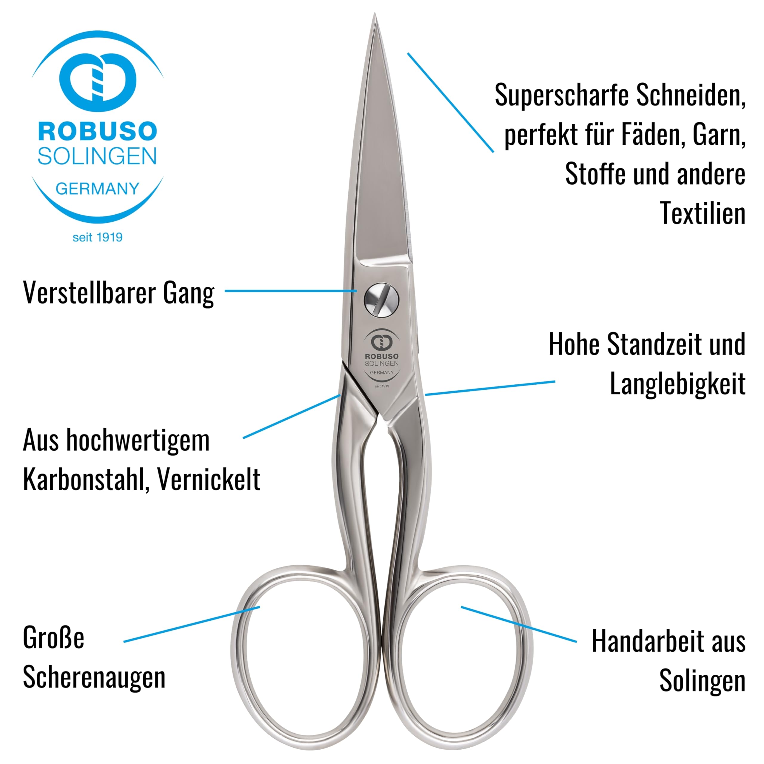 ROBUSO Weberschere | Fadenschere | Made in Solingen | 5" = 13,3 cm | Vernickelt | Stickschere Klein Scharf | Nähschere aus C60 Kohlenstoffstahl