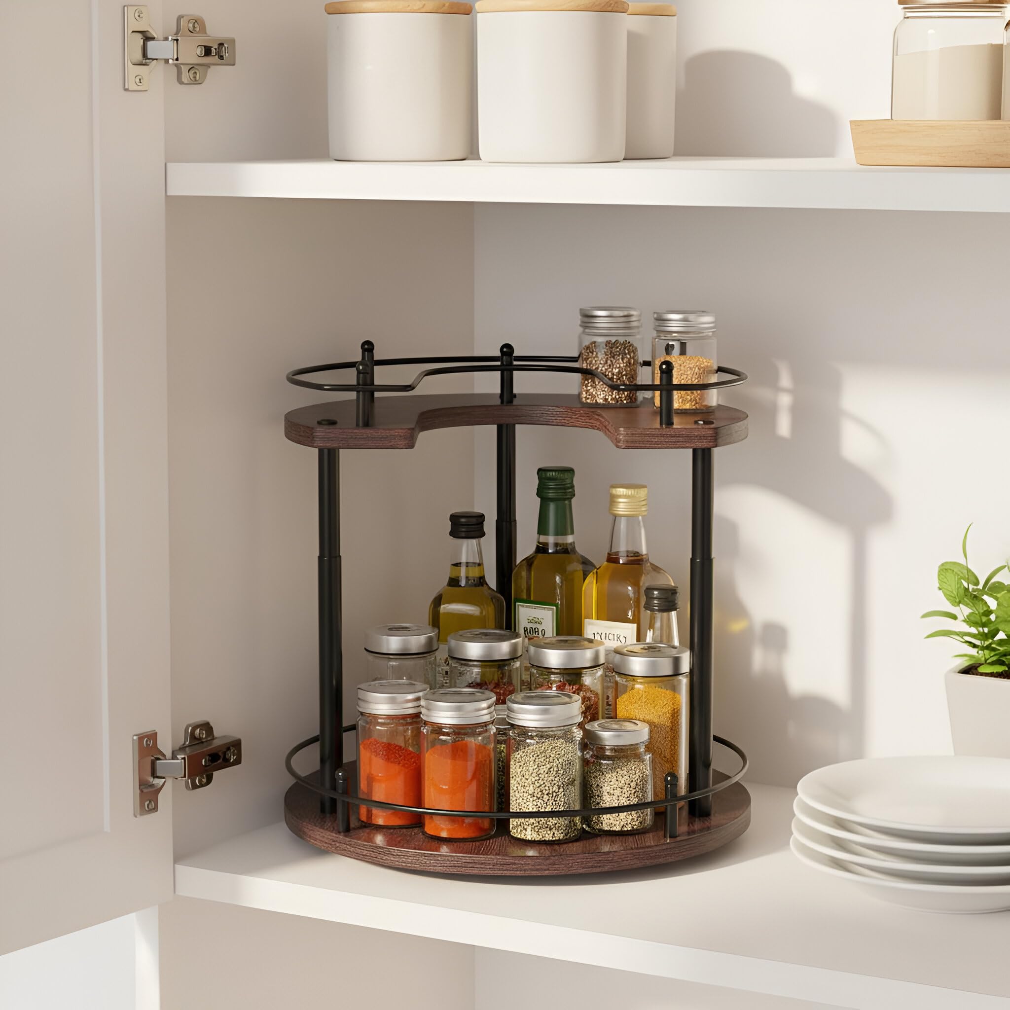 Estante de Especias Giratorio de Madera de 2 Niveles Lazy Susan | Organizador giratorio madera 35 cm, bandeja ajustable en altura para armario, encimera y despensa, diseño compacto y versátil