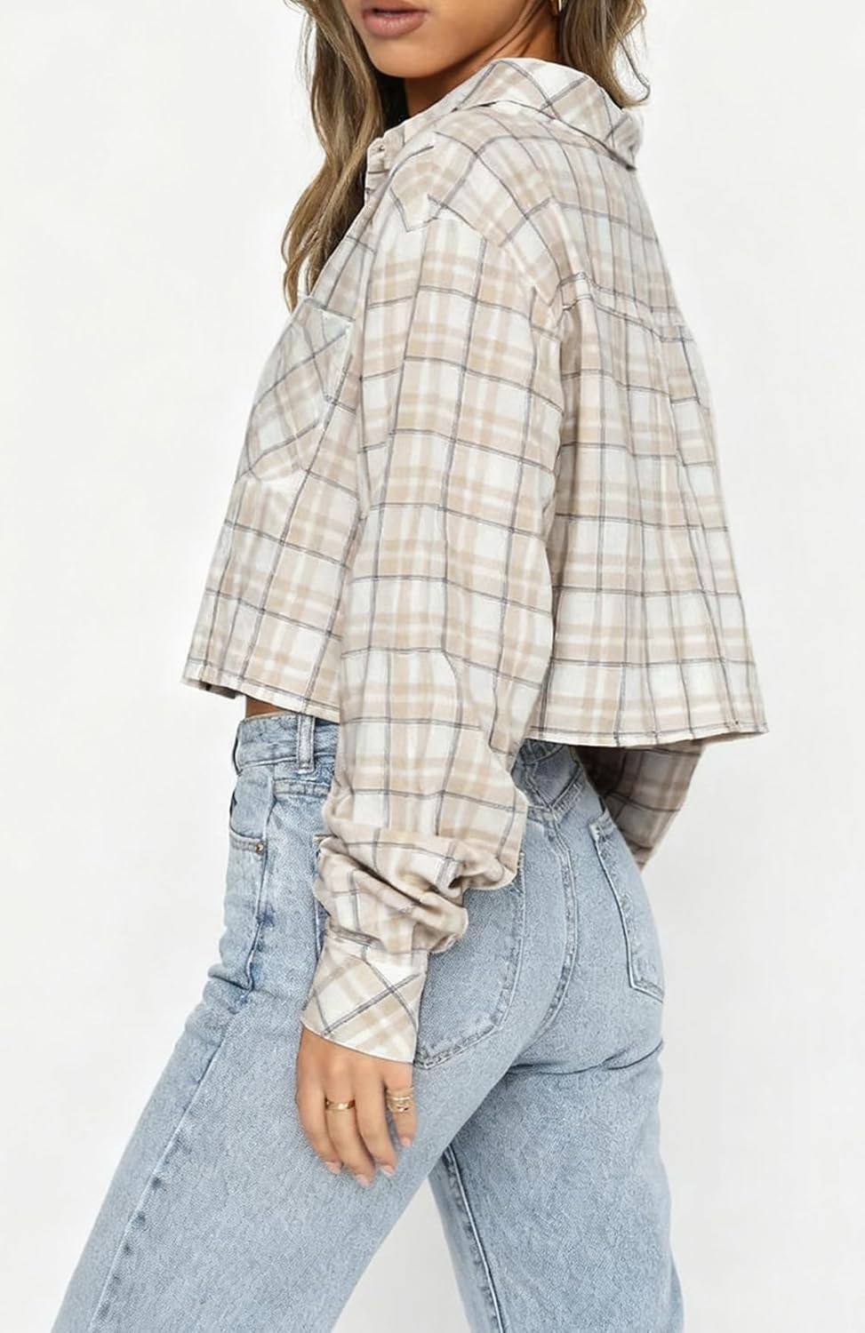 Lacozy Cropped Flannel Shirt for Women Button Down Plaid Cropped Shirt Casual Long Sleeve Crop Blouses Spring Fashion - Image 2