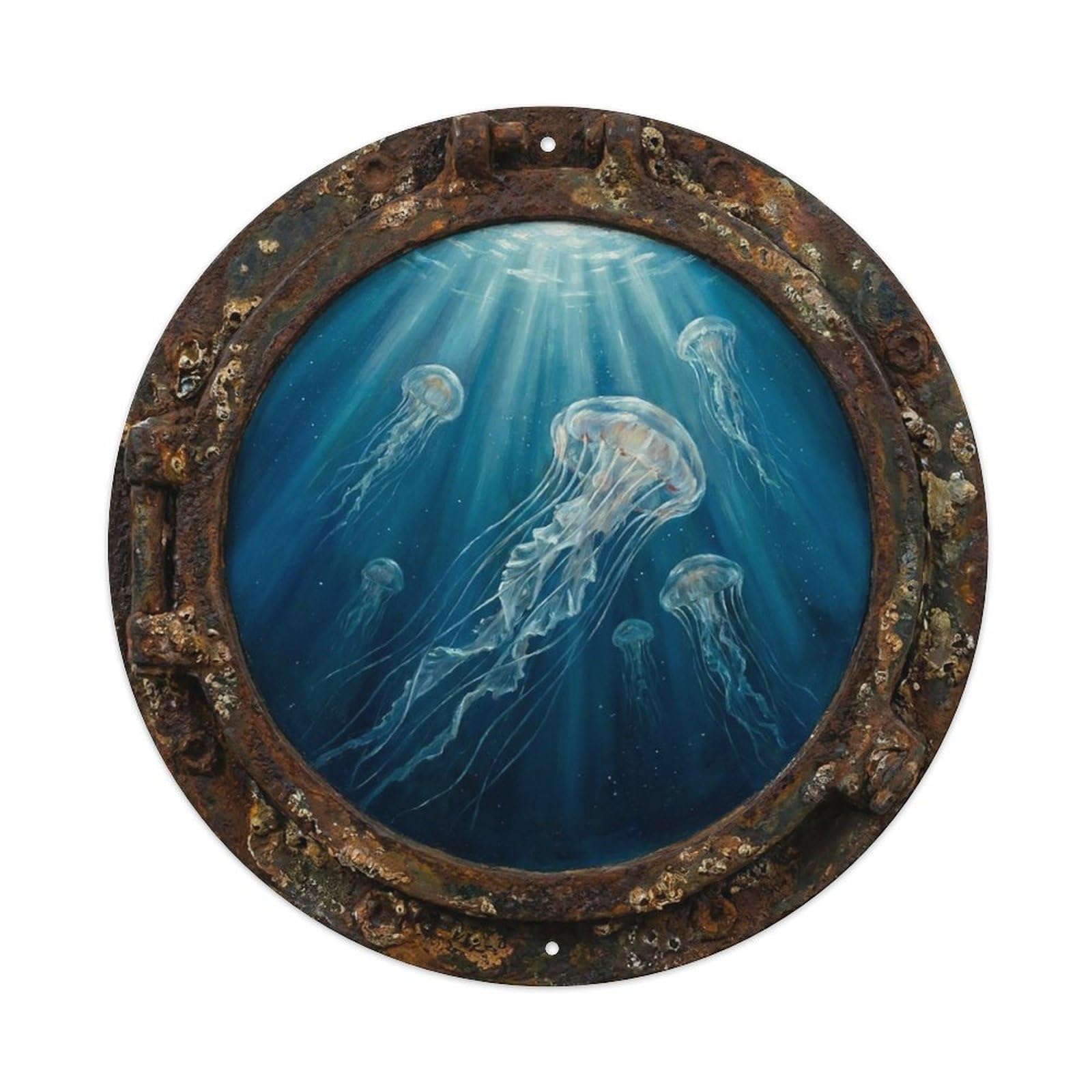 Vintage Porthole Jellyfish Drift Ship Window Under Deep Metal Tin Sign