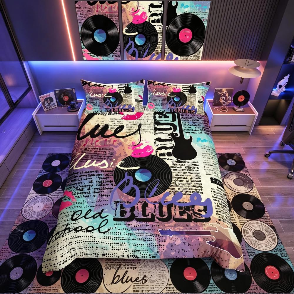 Homemissing Old Newspaper Bedding Set Music Rock Record Bedding &Linen Guitar Old School Retro Blues Multicolor Decor 3Pcs Super King Vintage Duvet Cover Set Soft — image 1