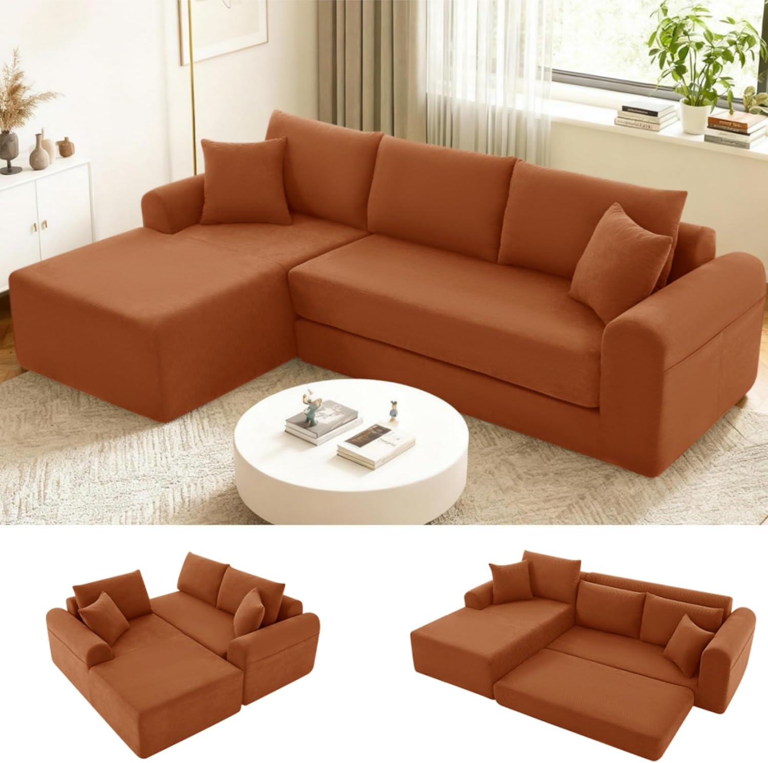 GJQ Modular Sectional Sofa with Chaise, Cloud Sectional Couch with Deep Seat, Modular L-Shape Sofa Corduroy Boneless Couch for Living Room,Bedroom,No Assembly Required(Orange, Left Facing Chaise)