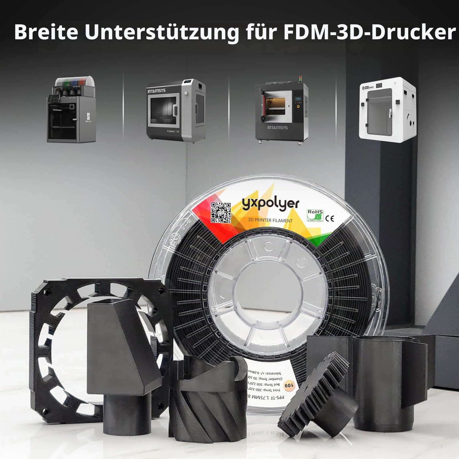 YXPOLYER PPS Filament für 3D-Druck, 1,75 mm Durchmesser, 1 kg, Schlagzäh Modifiziert, Chemikalienbeständig, Hochtemperatur-Thermoplast bis 300 °C, PC-Spule
