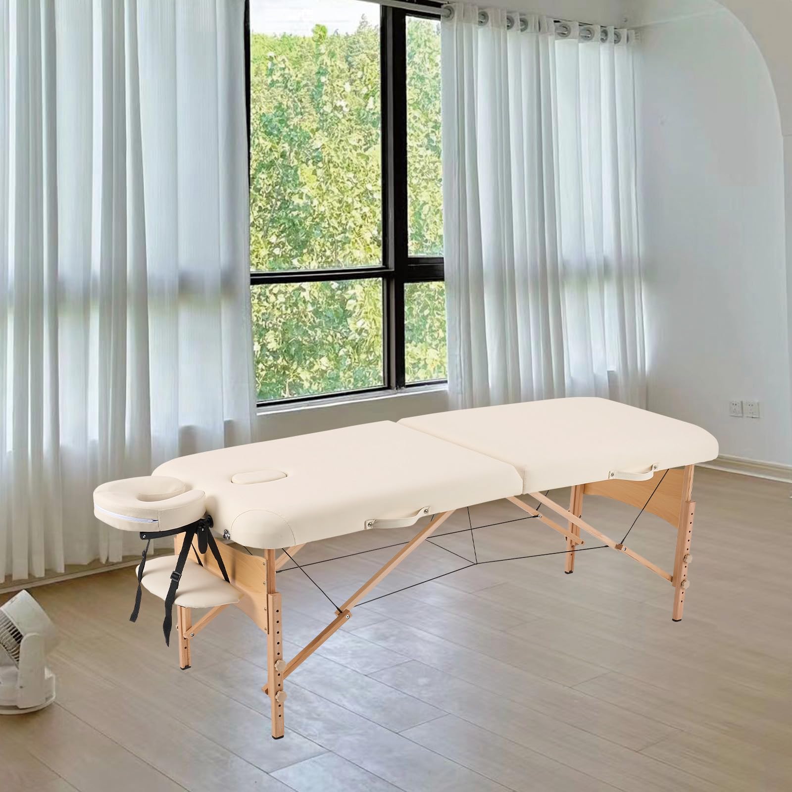 YOUNIKE Camilla Masaje Beige Plegable 2 Zonas Profesional Portátil Carga 250kg 186×70cm Altura Ajustable de Madera Haya para Belleza Tatuaje SPA con Bolsa de Transporte