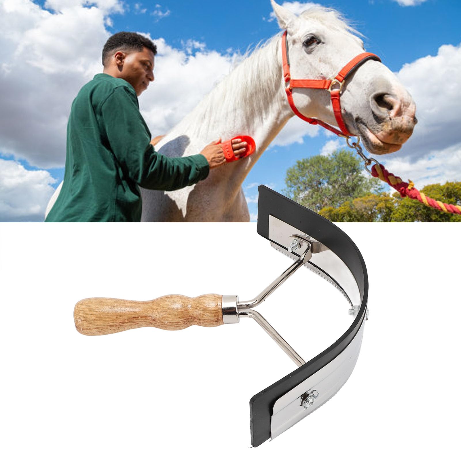 Sweat Scraper for Horse Stainless Steel Sweat Scraper Horse Hair Brush, Wooden Handle Horse Face Cleaning Scraper Comb for Livestock - Image 4