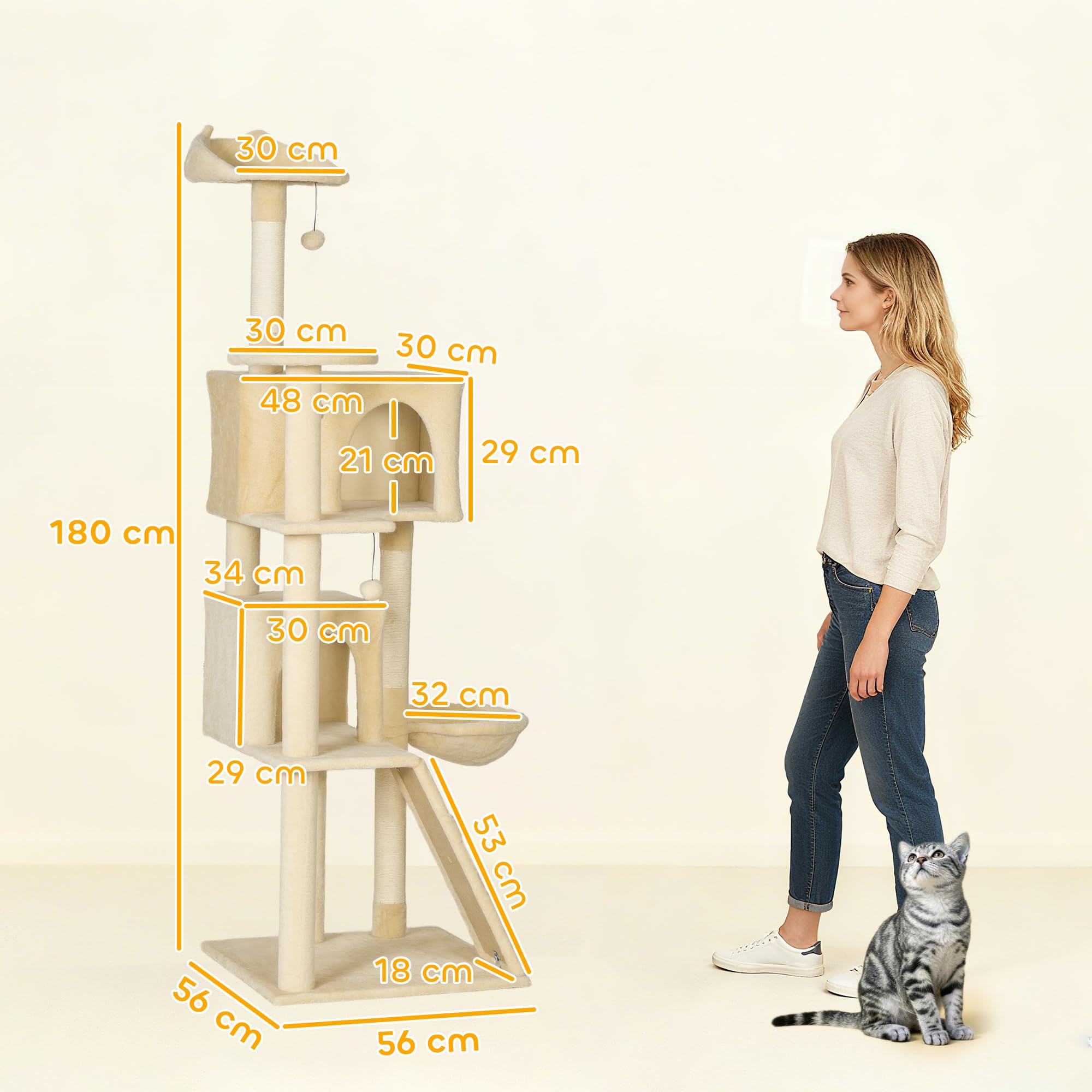 PawHut Árbol Rascador para Gatos, Árbol para Gatos 180 cm, Torre Escalador con Múltiples Plataformas, Cama, 2 Cuevas, Hamaca, Escalera, Postes de Sisal, Bolas para Jugar, Beige